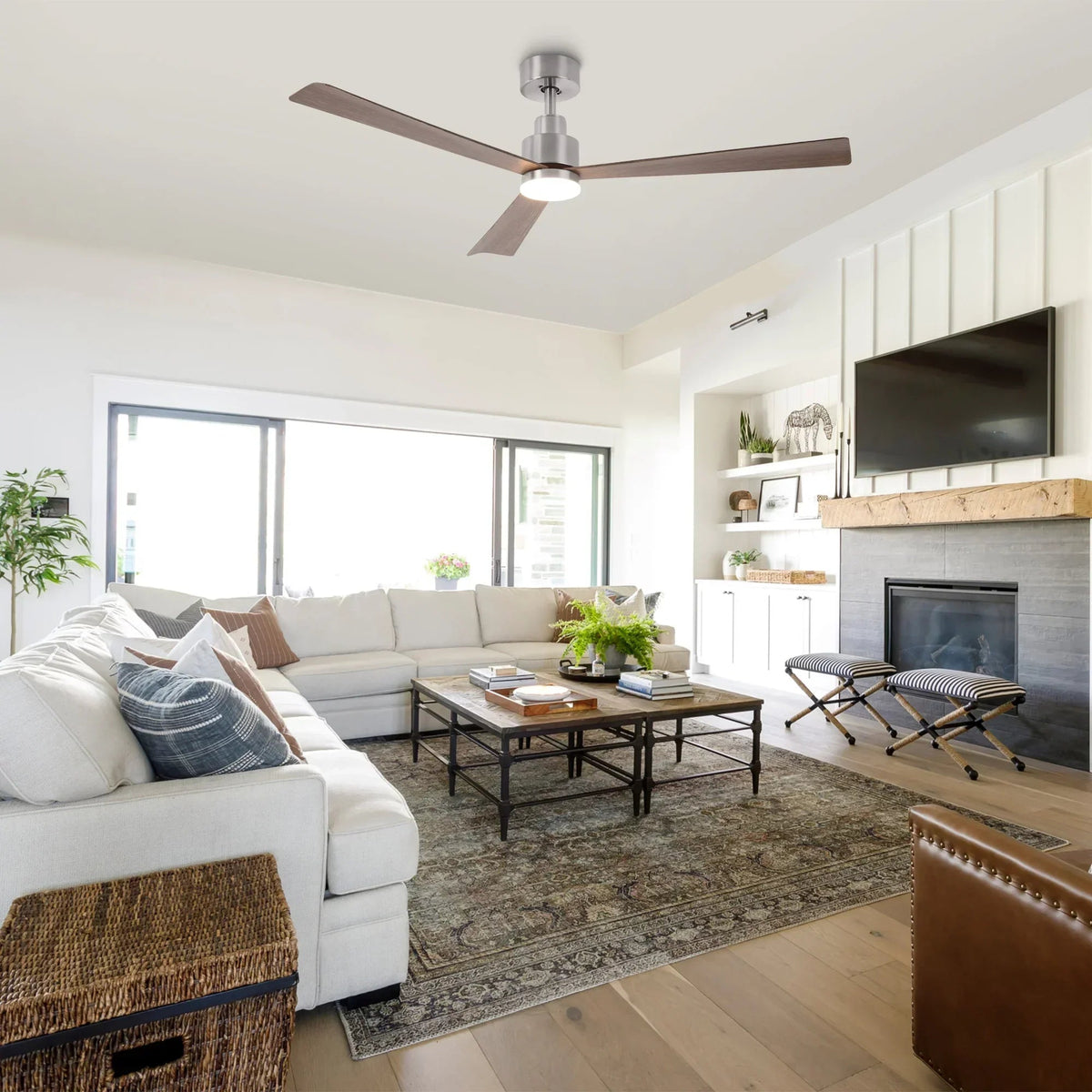 Satin nickel downrod ceiling fan with wood-finish blades and LED light