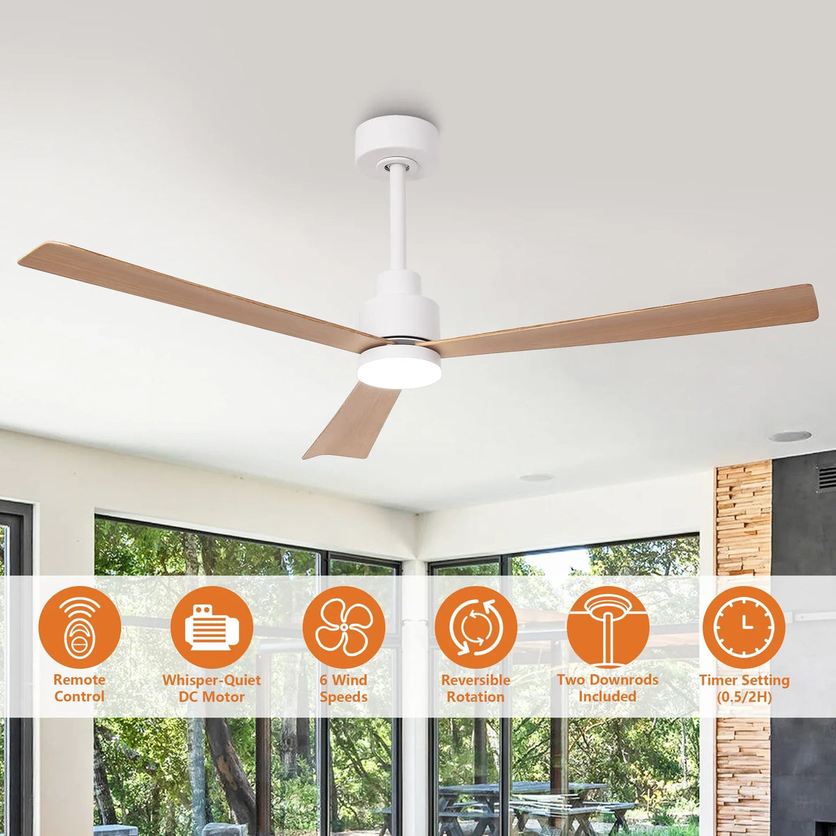 White downrod ceiling fan with wood-finish blades and LED light in a living space