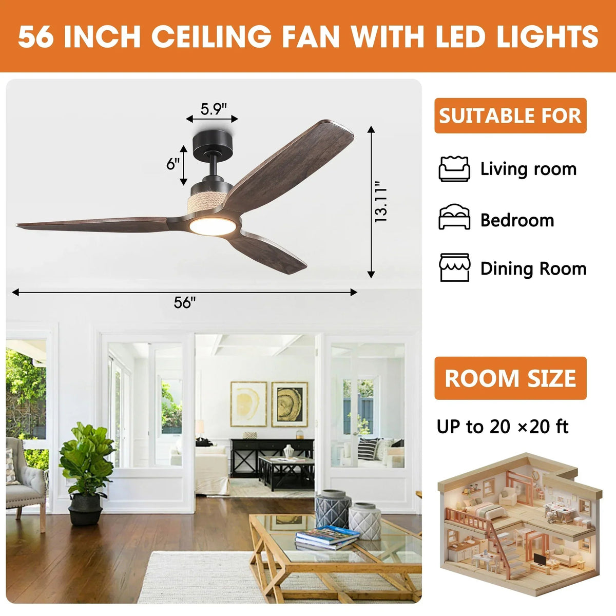 Parrot Uncle 56-Inch Louise Downrod Mount LED Ceiling Fan with Remote Control (F6015)
