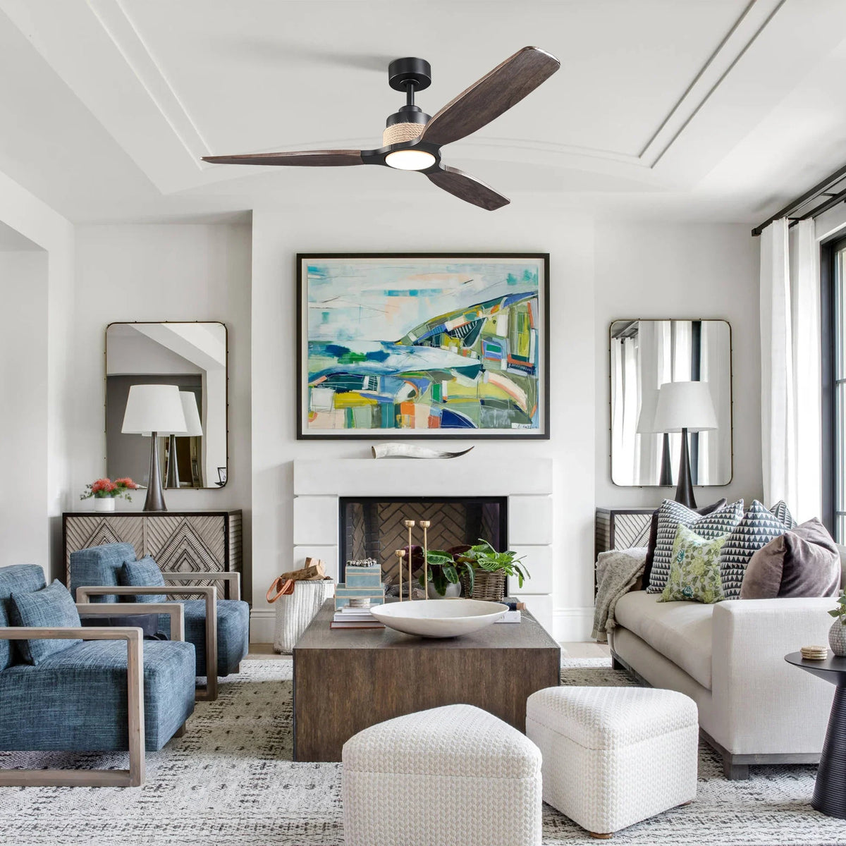 LED ceiling fan with black housing and three dark wood blades