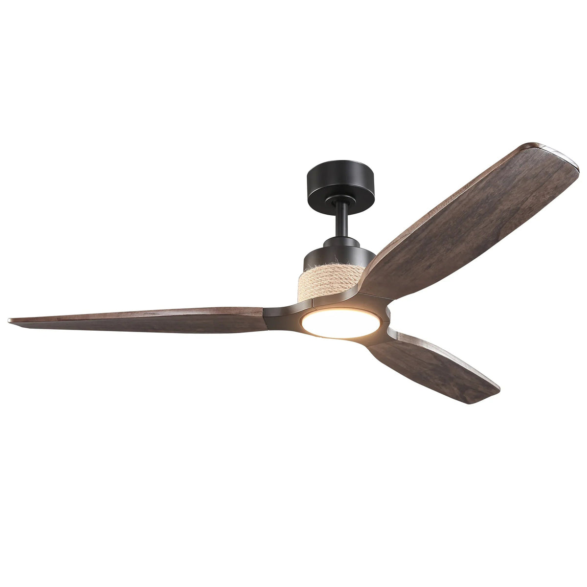 Black LED ceiling fan with dark wood blades and frosted light kit cover