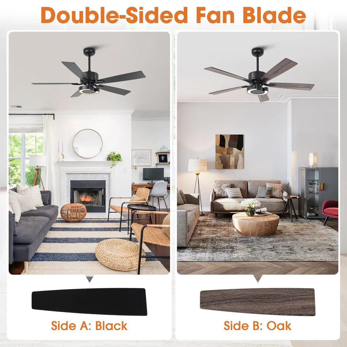 Reversible fan blade set showing black side A and oak side B