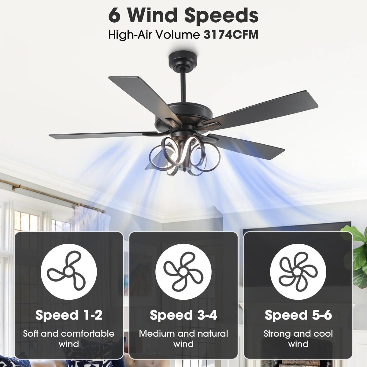 LED ceiling fan with five blades and illuminated ring light fixture on ceiling