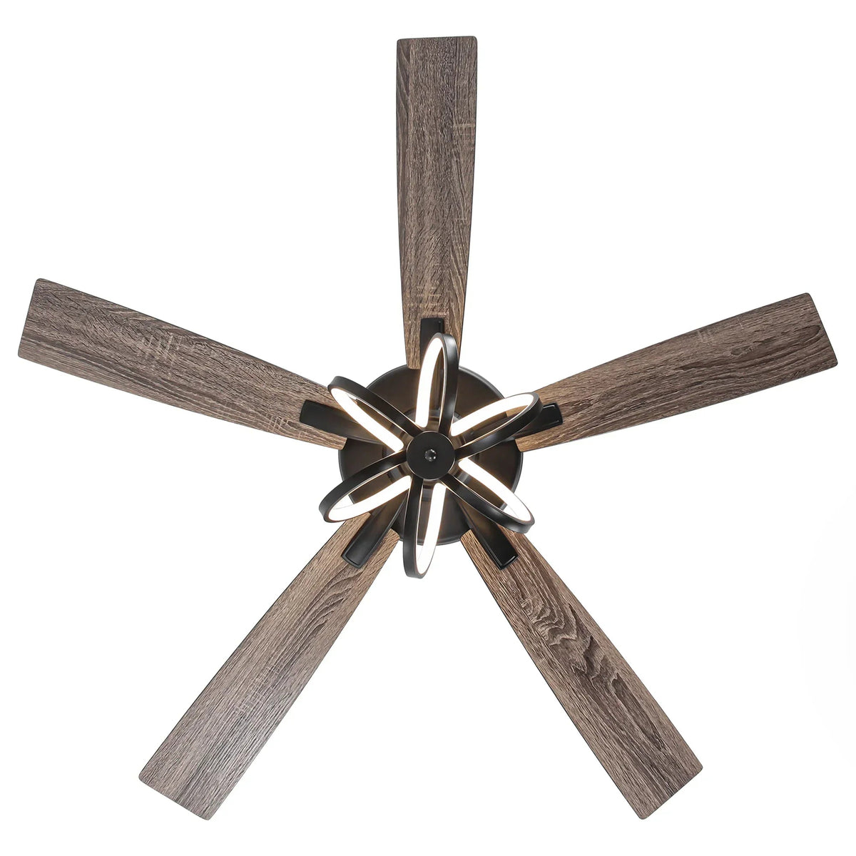 Black LED ceiling fan with dark wood-look blades and five-ring light fixture