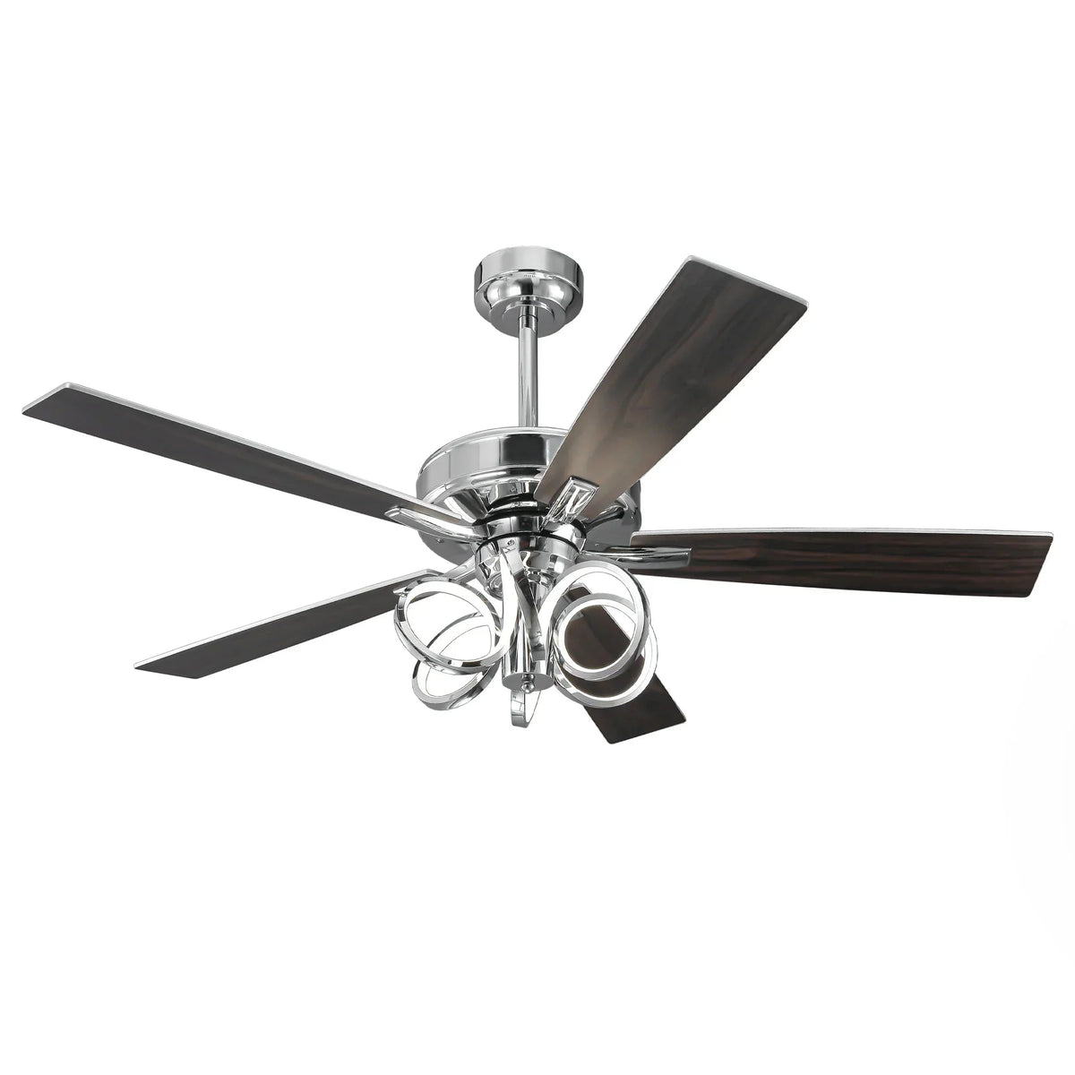 Chrome ceiling fan with mixed dark blades and central LED ring light cluster