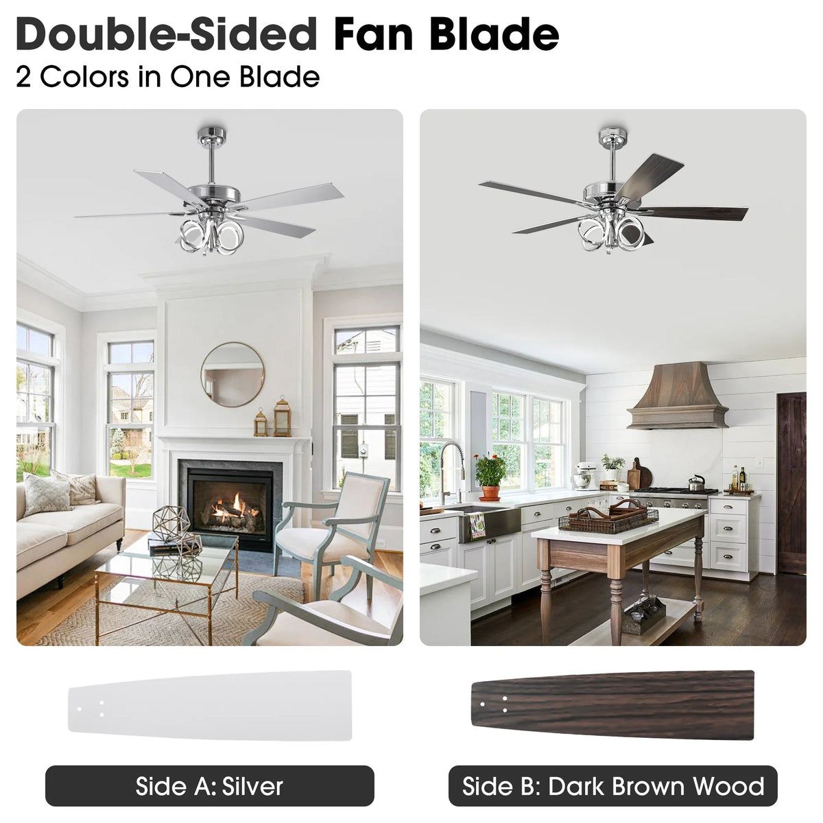 Double-sided fan blades with silver side and dark brown wood side