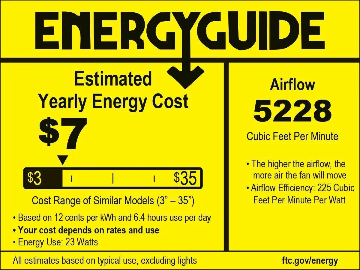 ENERGYGUIDE label showing estimated yearly energy cost $7 and airflow 5228 CFM