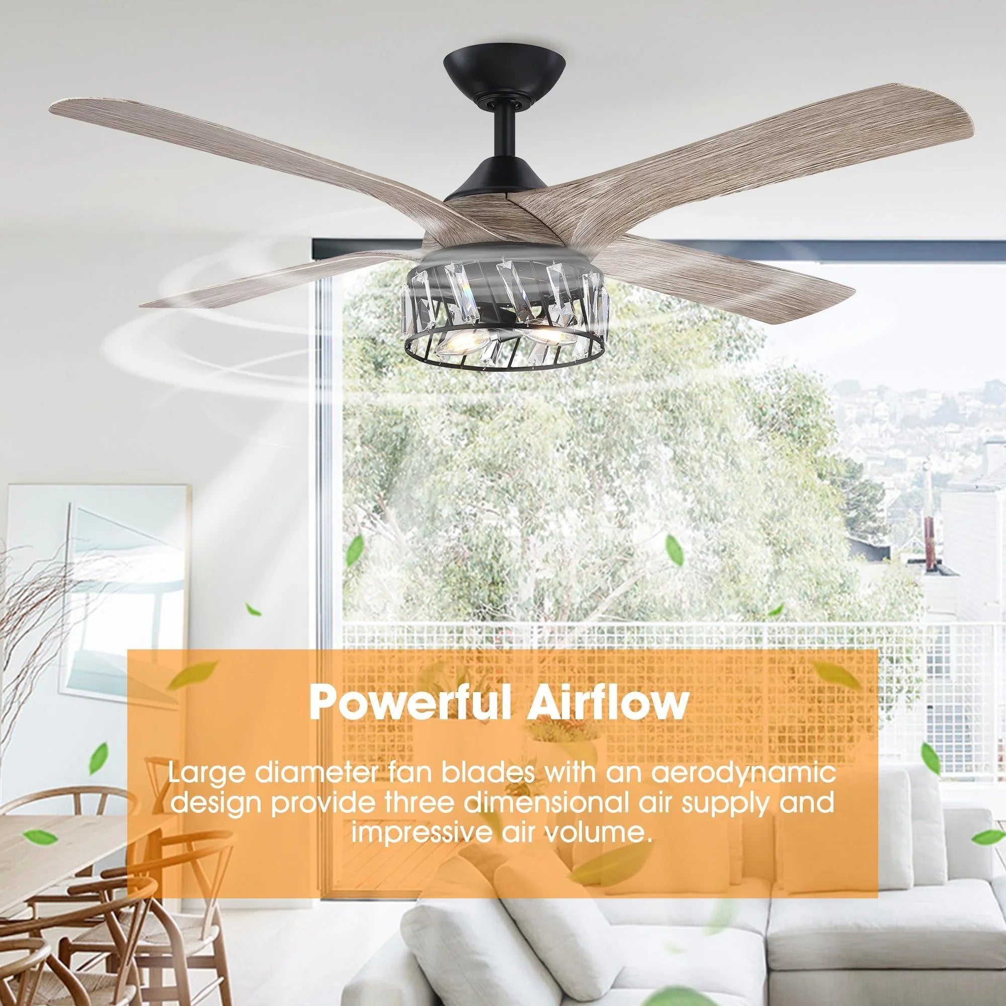 52-inch ceiling fan with black mount, light fixture, and reversible wood-grain blades