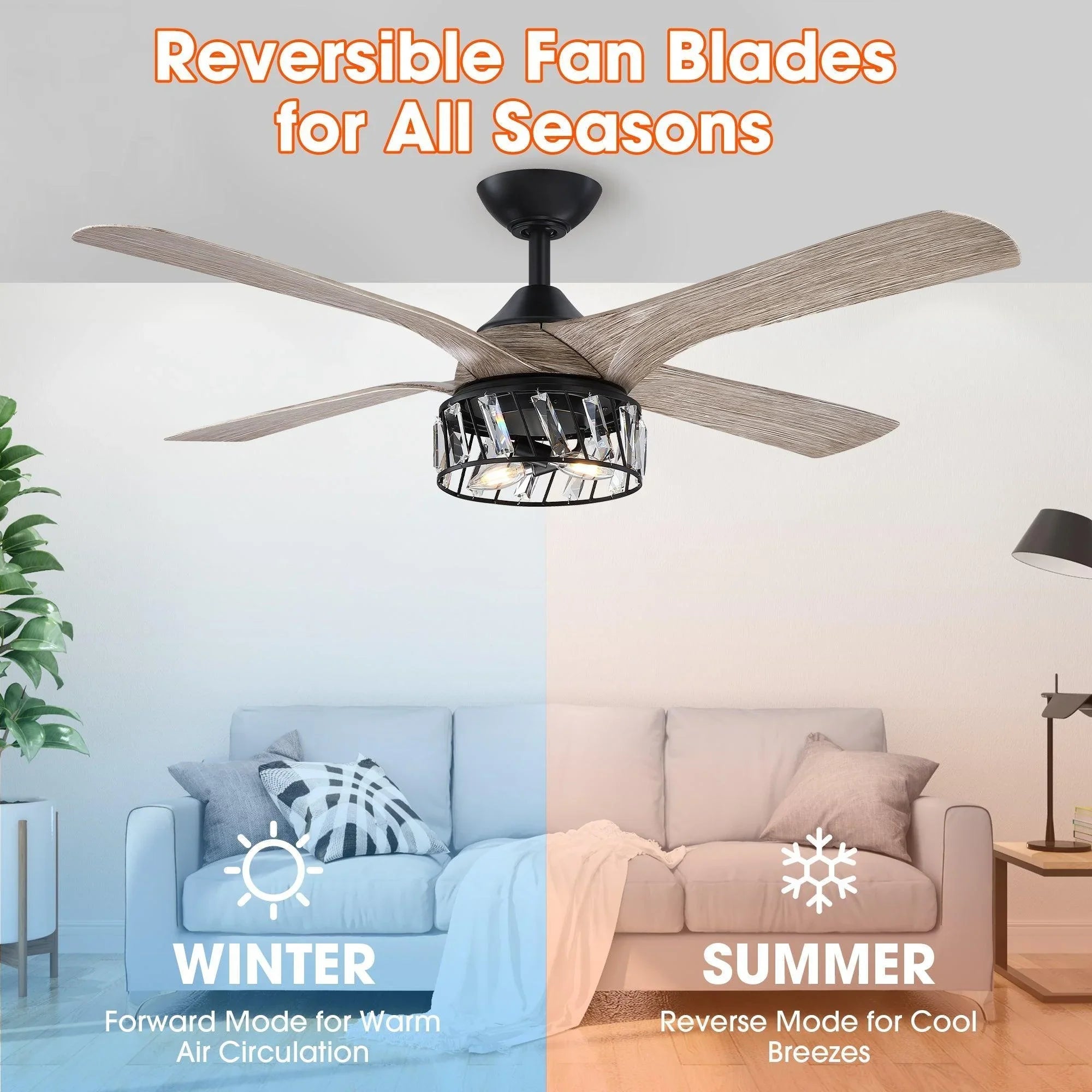 Ceiling fan with five light wood blades and black crystal glass light fixture