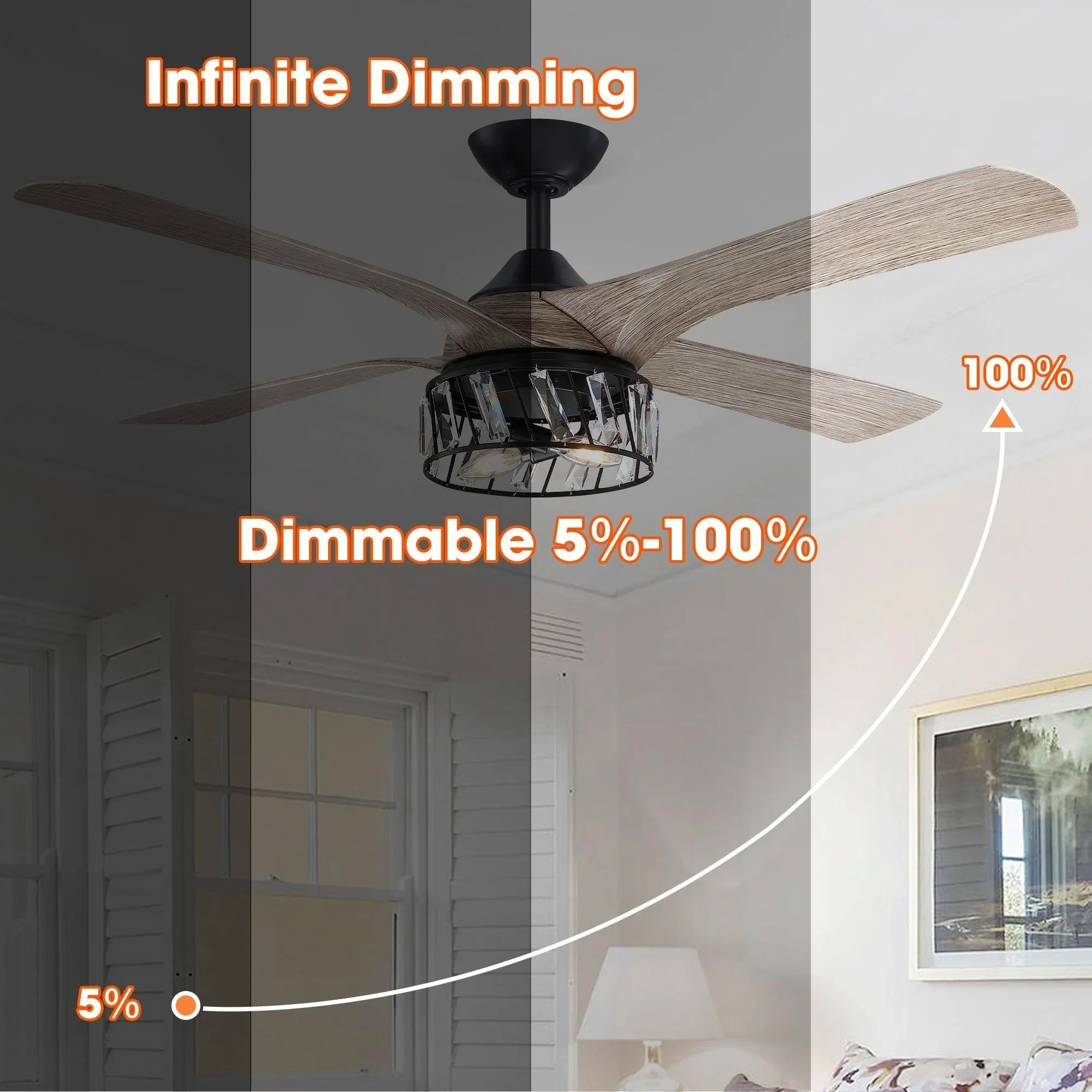 Black ceiling fan with light wood blades and crystal-style glass light fixture