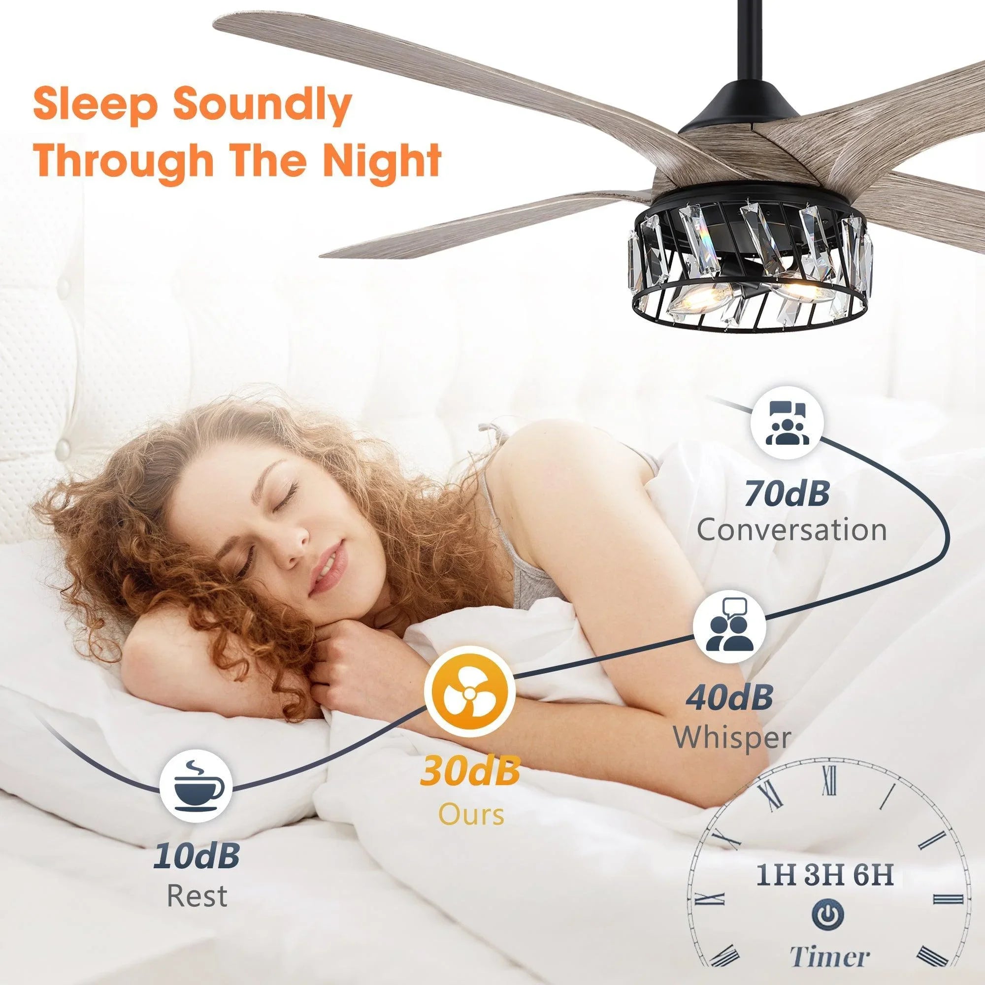 Ceiling fan with black light housing, clear crystal glass, and light wood blades