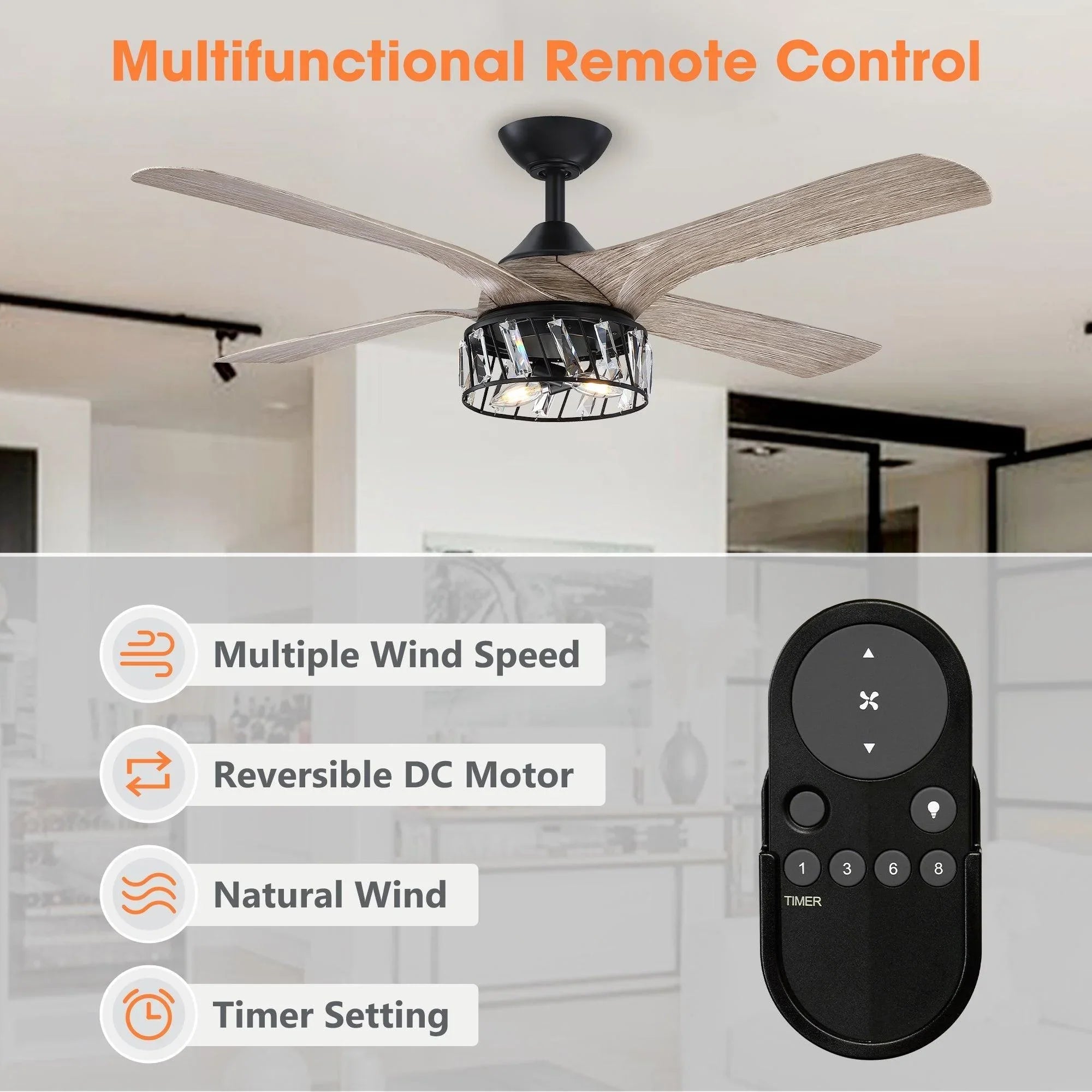 Black ceiling fan with light wood blades and crystal-style glass light fixture