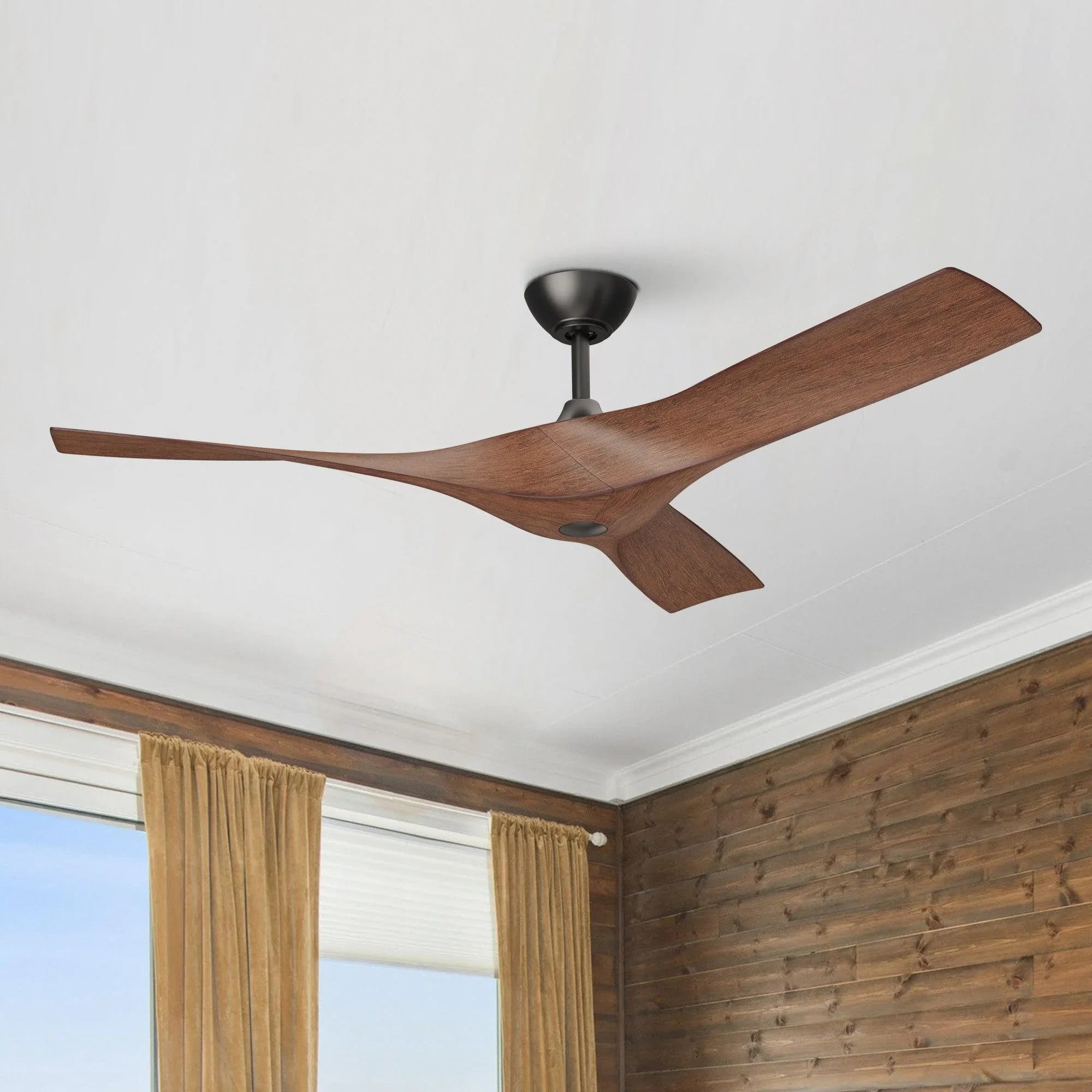 Industrial-style ceiling fan with brown wood-look blades and black ceiling mount
