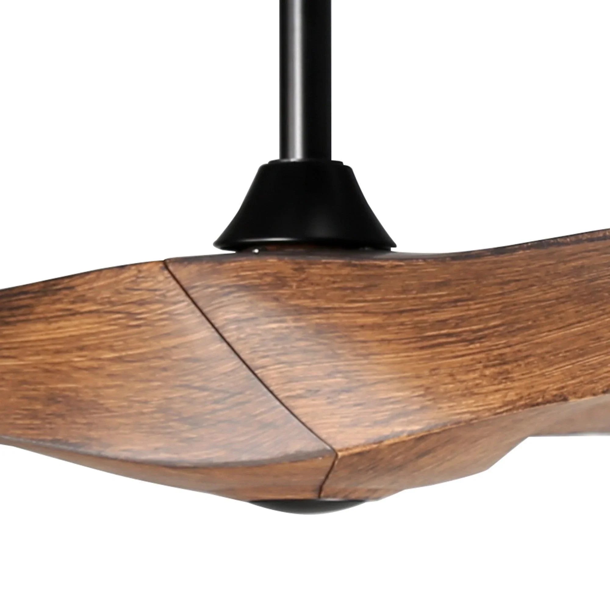 Close-up of brown wood-look ceiling fan blade with black motor housing