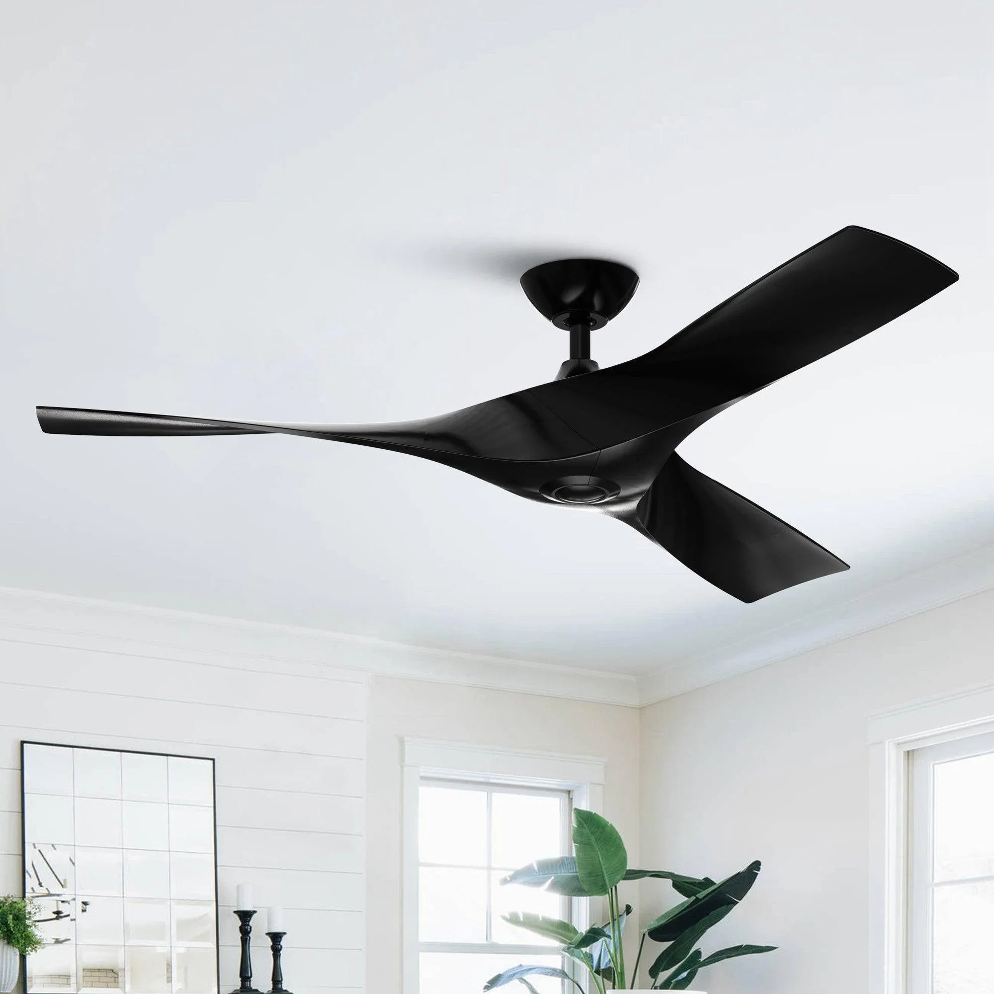 Reversible ceiling fan with black blades and black ceiling mount