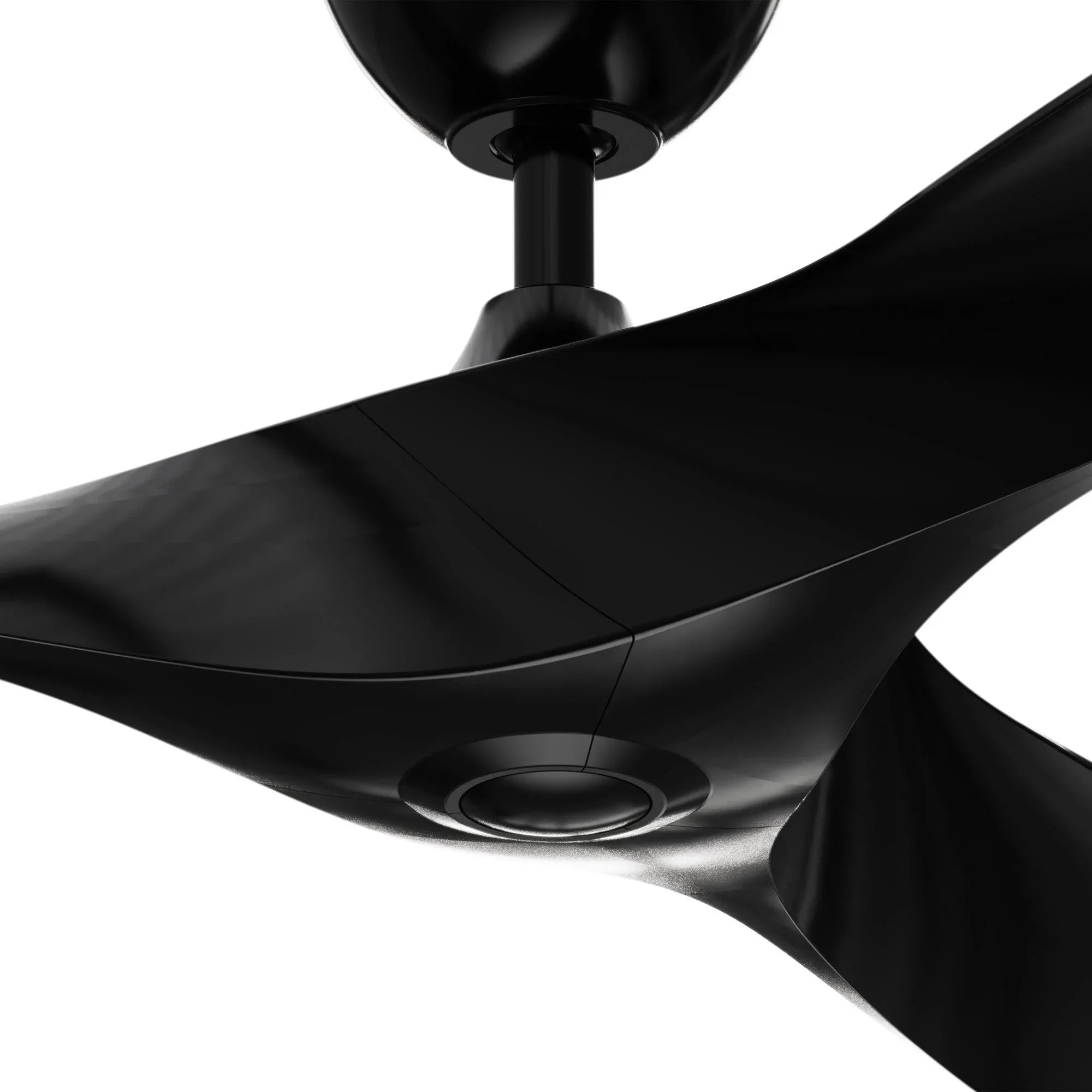 Black ceiling fan blade and motor housing close-up