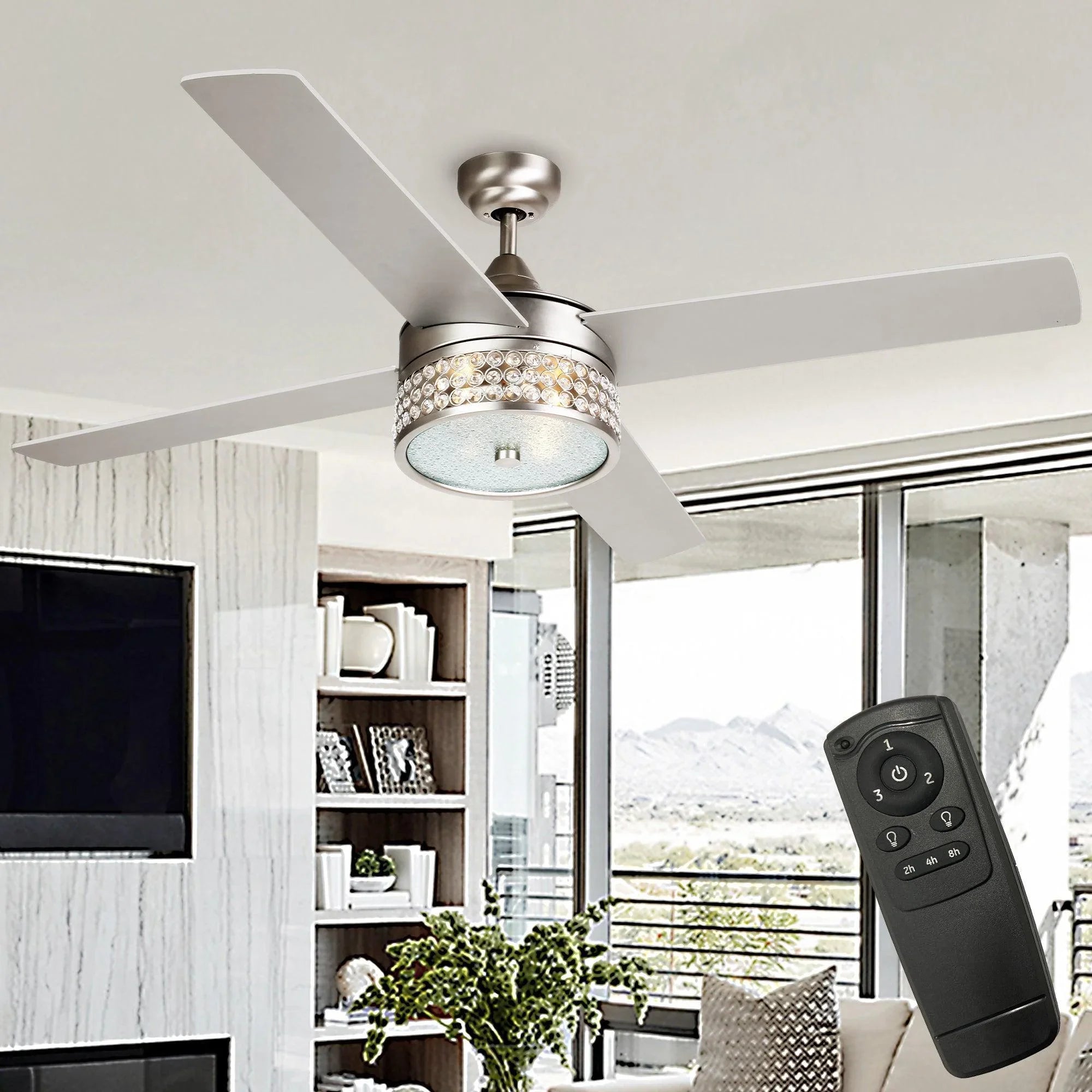 Satin nickel ceiling fan with integrated light and five reversible blades