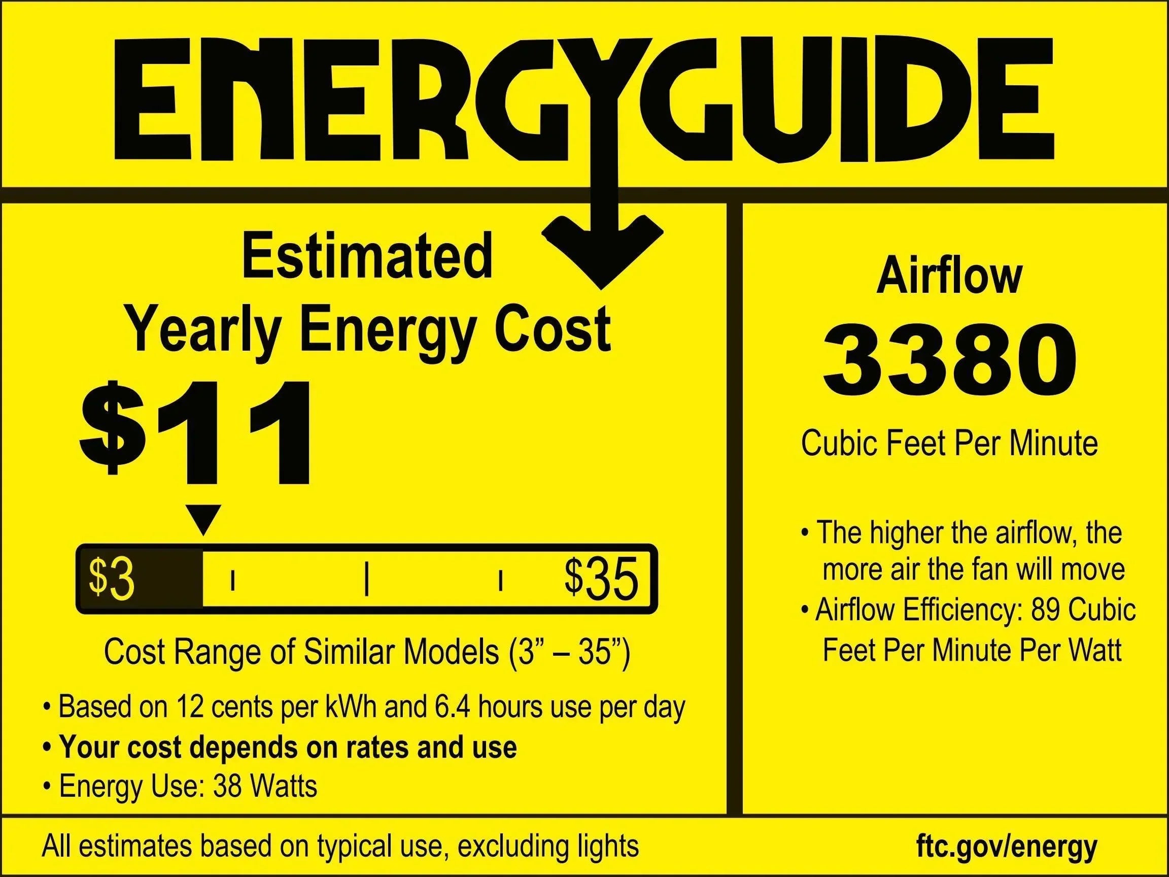 Ceiling fan energy guide label showing estimated yearly energy cost and airflow rating