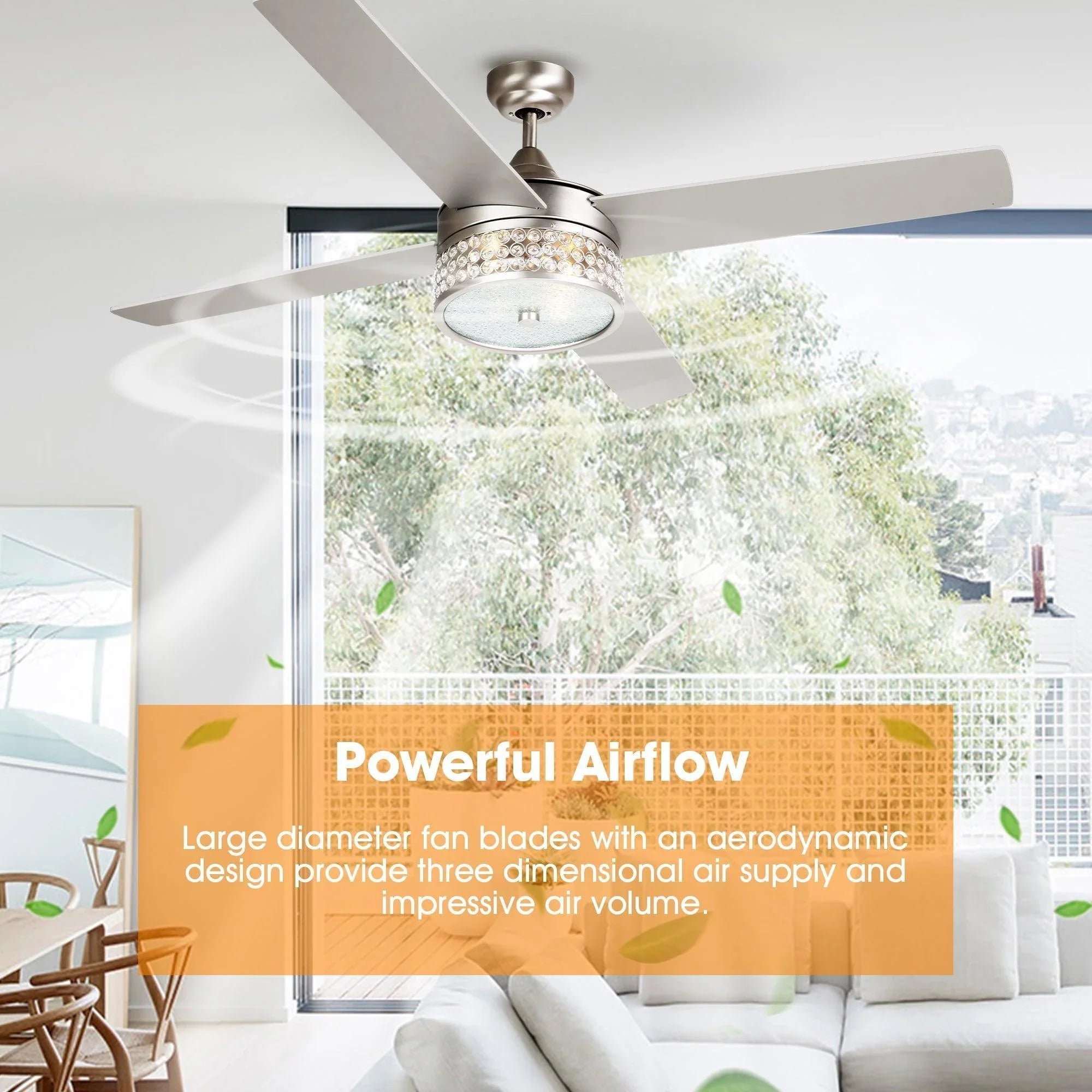Satin nickel ceiling fan with integrated light and five blades in a living space