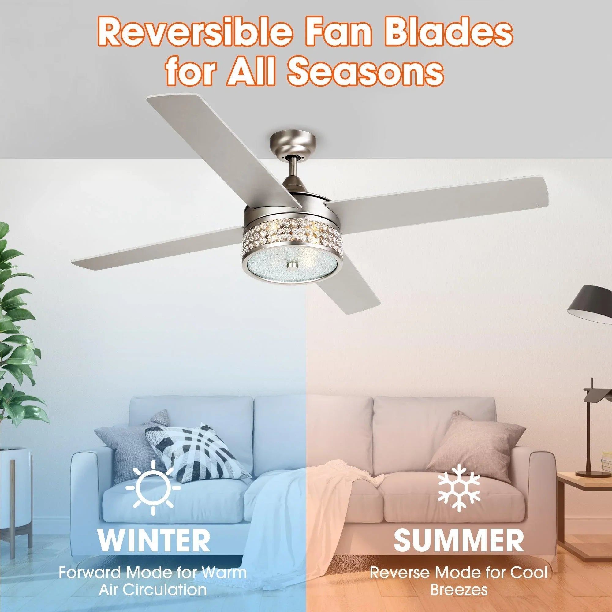Satin nickel reversible ceiling fan with integrated light and five blades