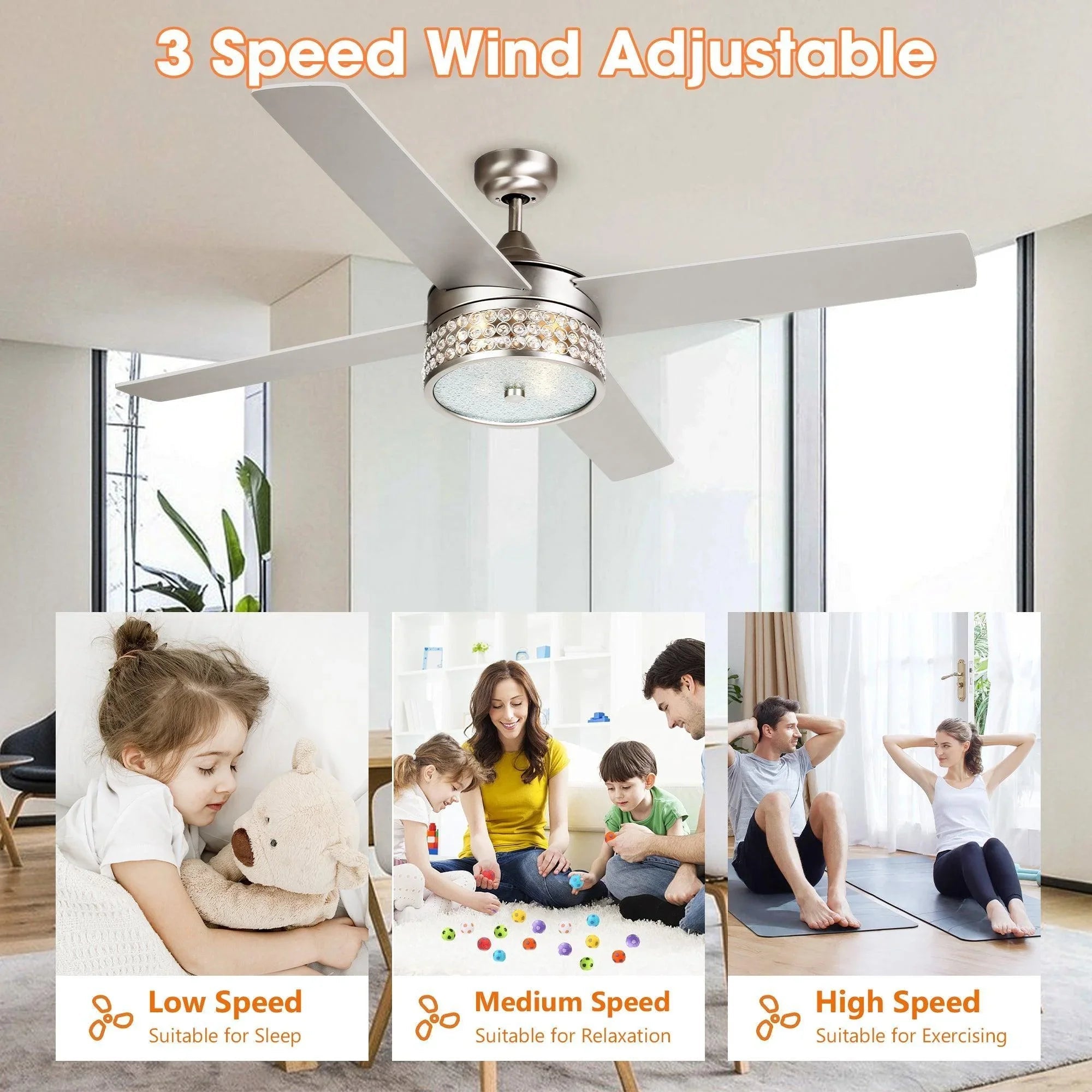 Satin nickel ceiling fan with integrated light and five blades, three speed levels