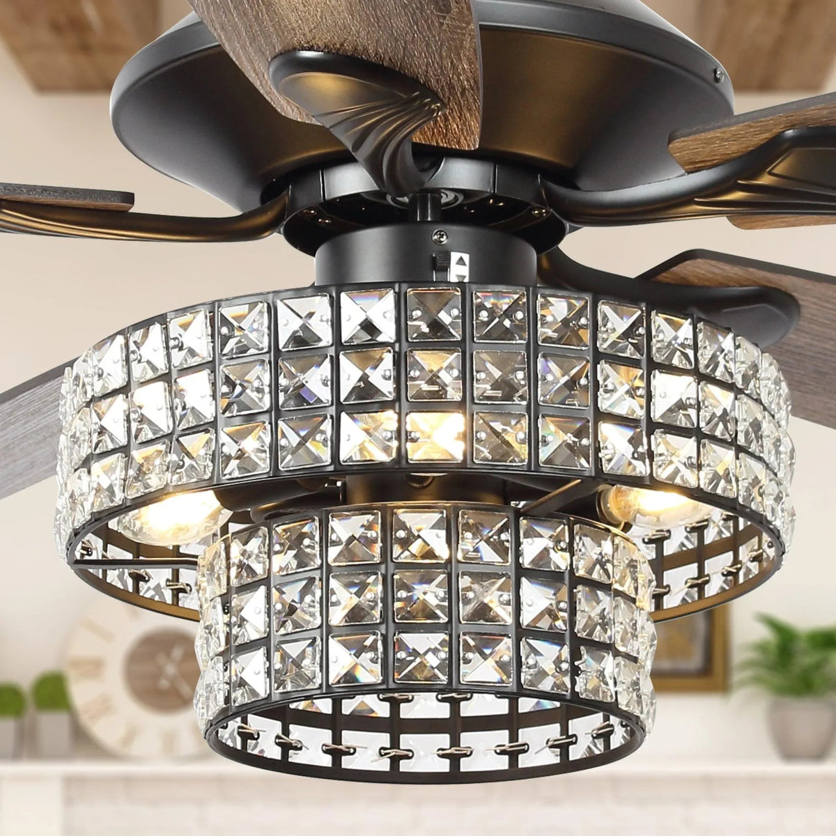Dark ceiling fan with sparkling crystal cage light and wood blade set