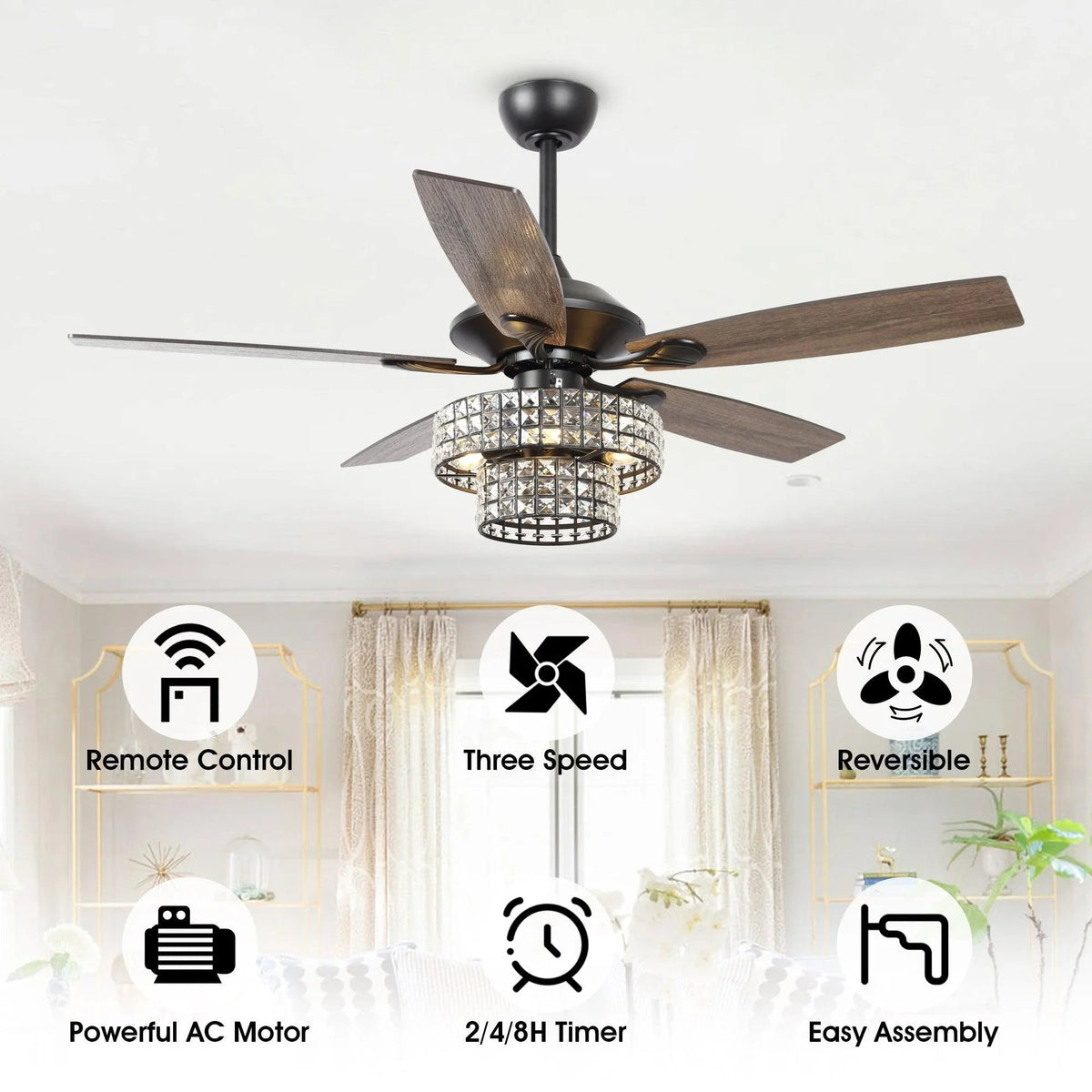 Modern ceiling fan with reversible wooden blades and crystal-glass light shade