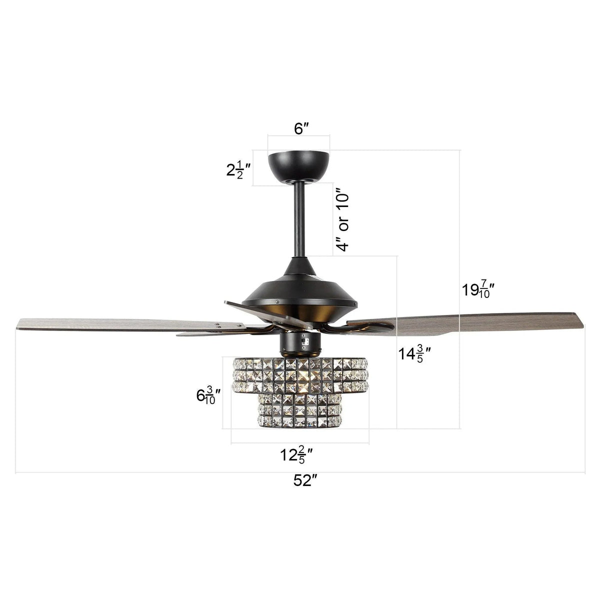 Ceiling fan dimension diagram with black downrod and crystal light