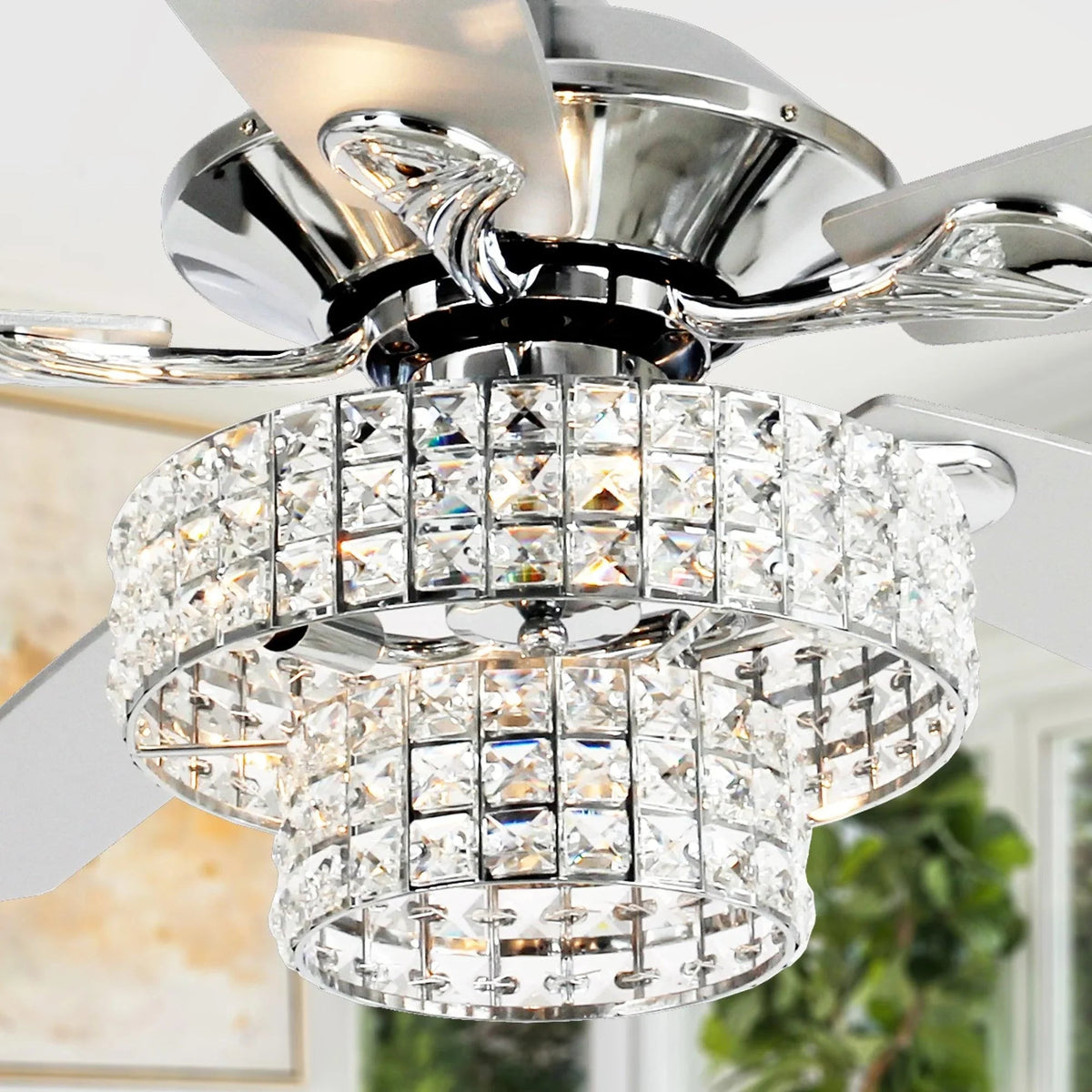 Chrome ceiling fan light assembly with sparkling crystal cube shade
