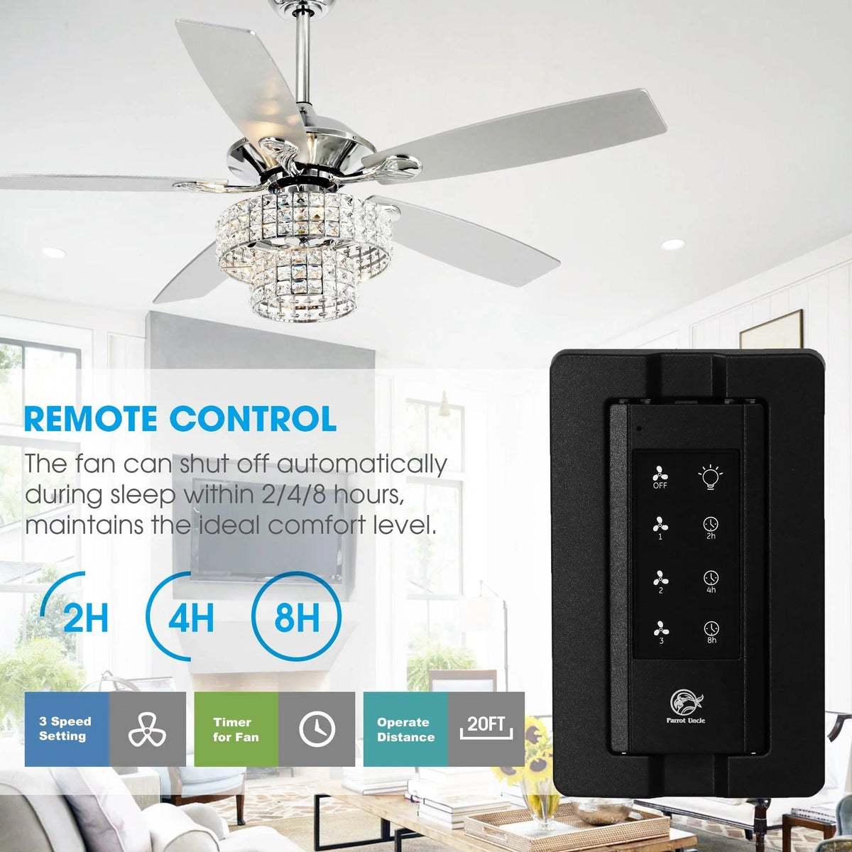 Ceiling fan with crystal light shade and black remote control