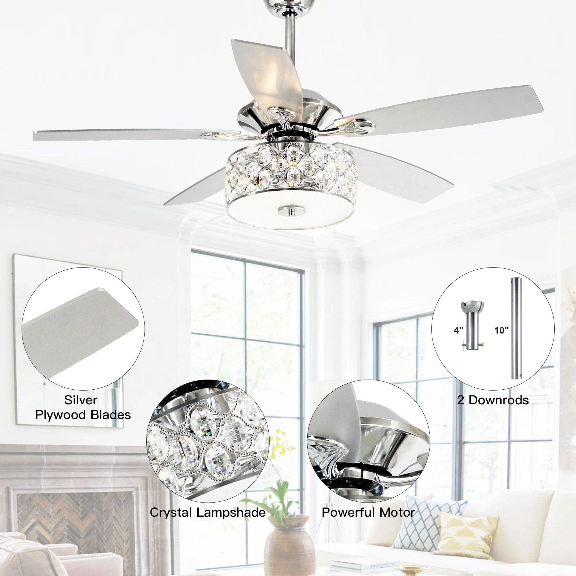 Chrome ceiling fan with crystal lamp shade and silver blades, shown with detail callouts