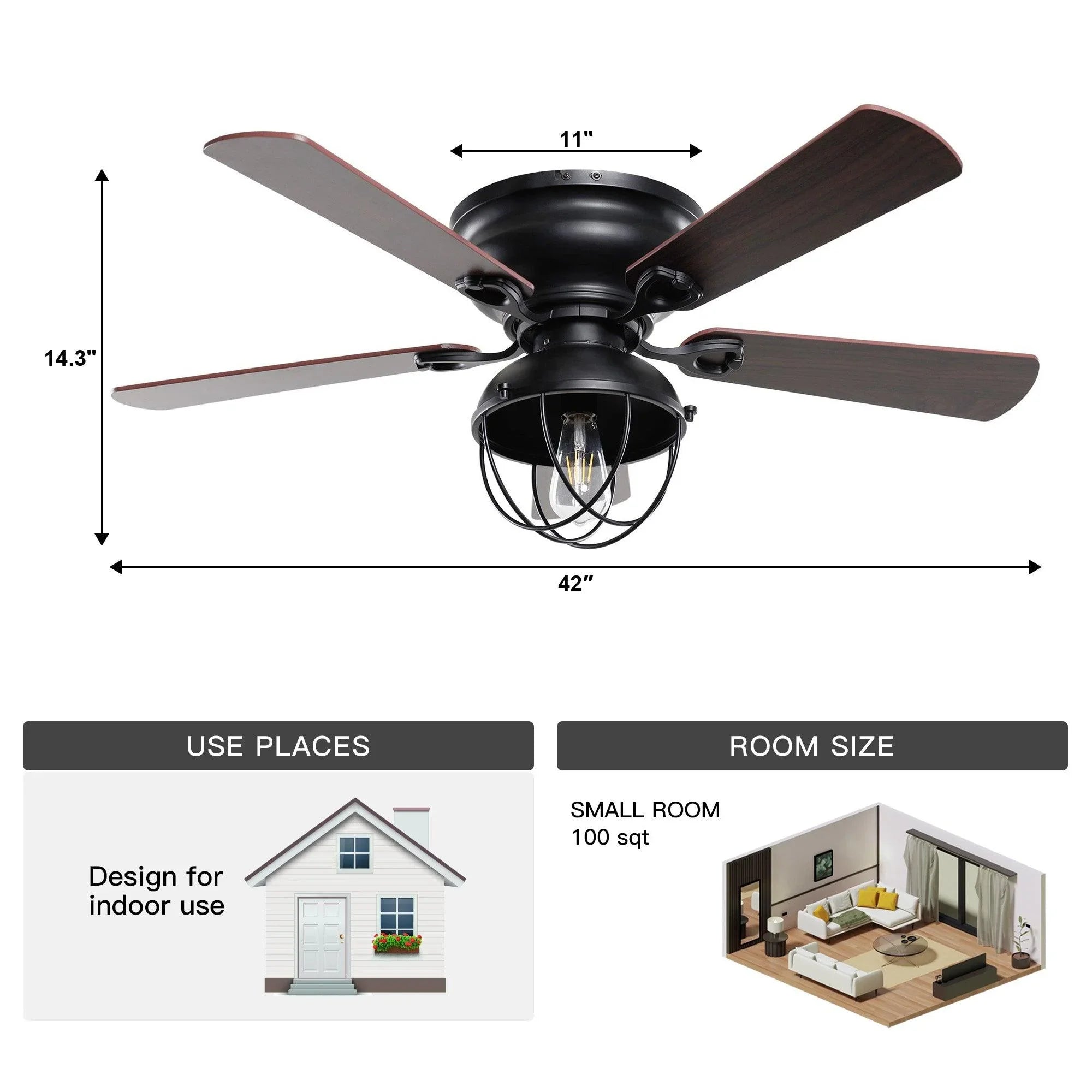 42-inch black flush-mount ceiling fan with five reversible wood blades and light kit