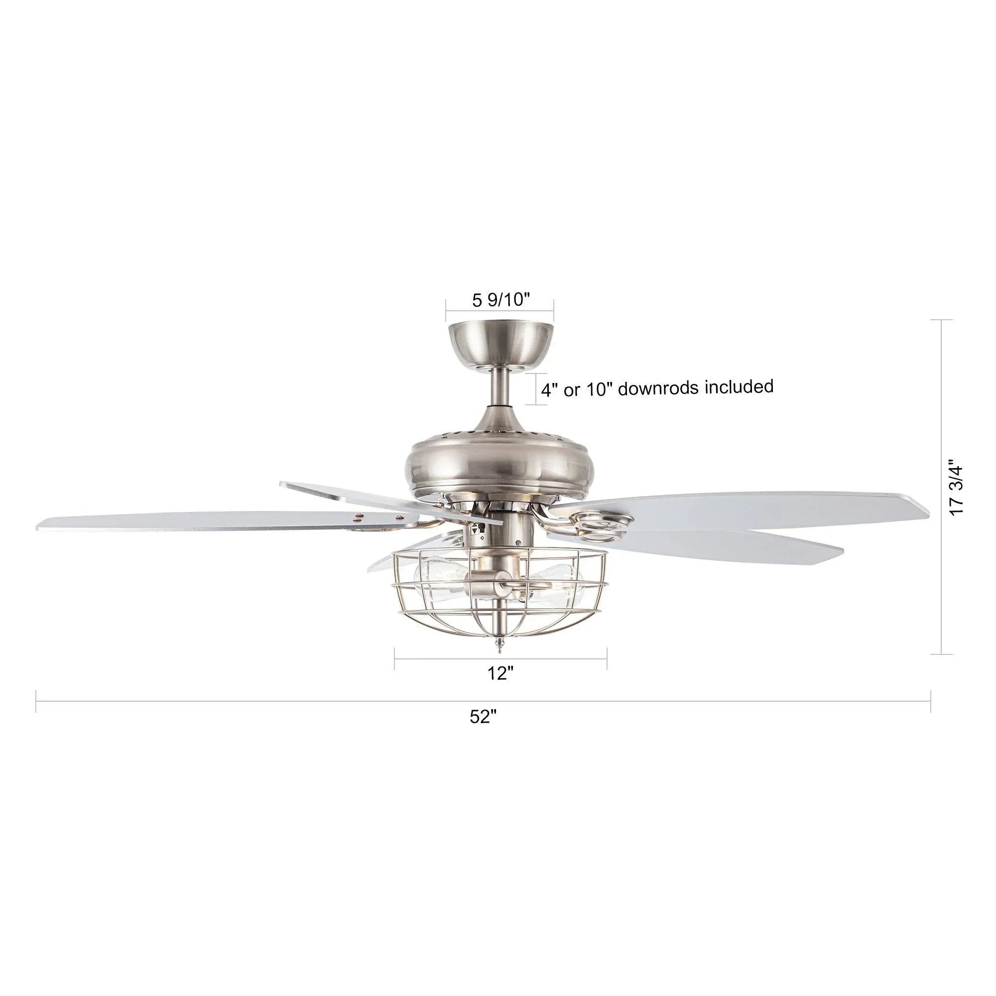 52-inch brushed nickel ceiling fan with caged light housing and five pale blades.
