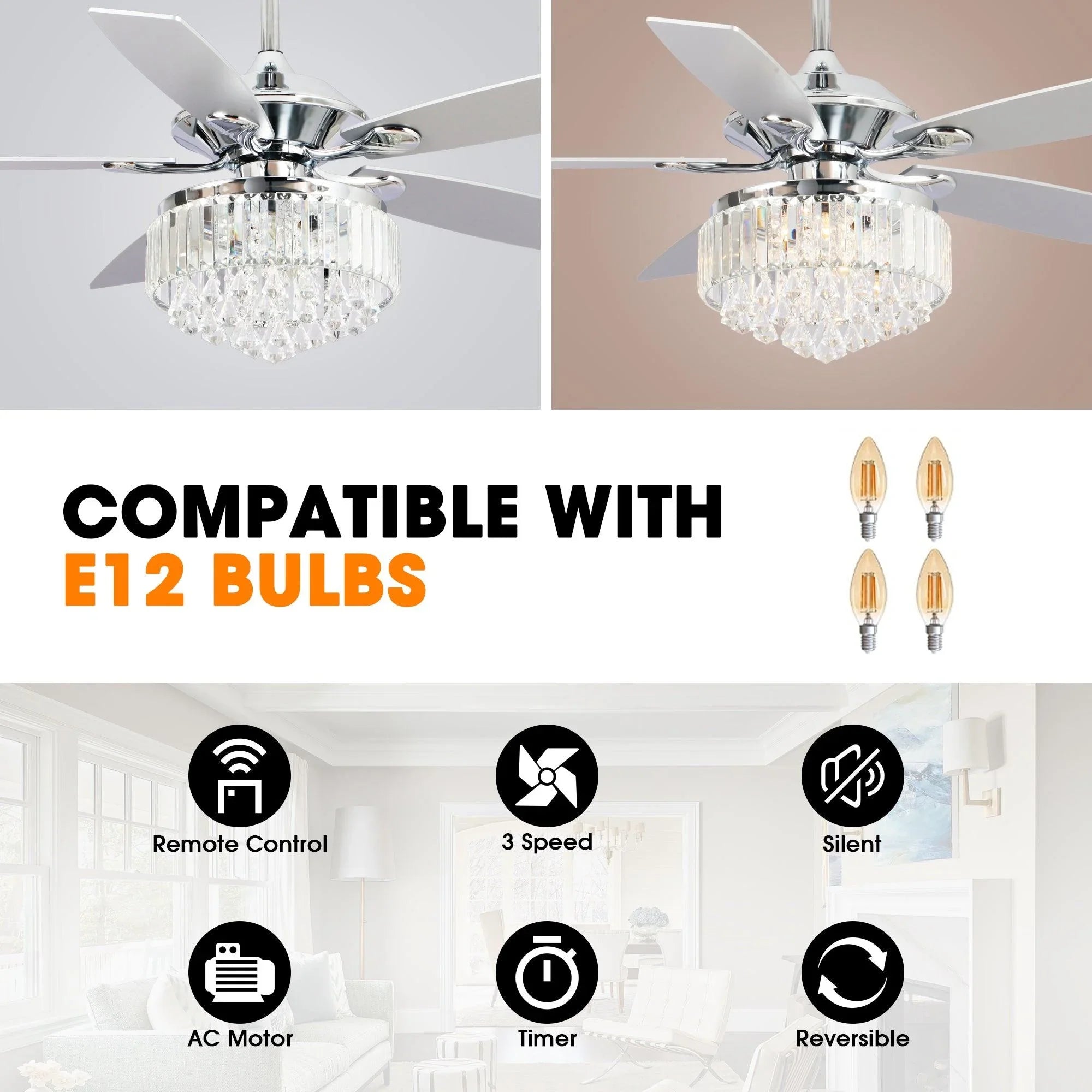 Chrome fan chandelier with clear crystal shade and five sweeping blades