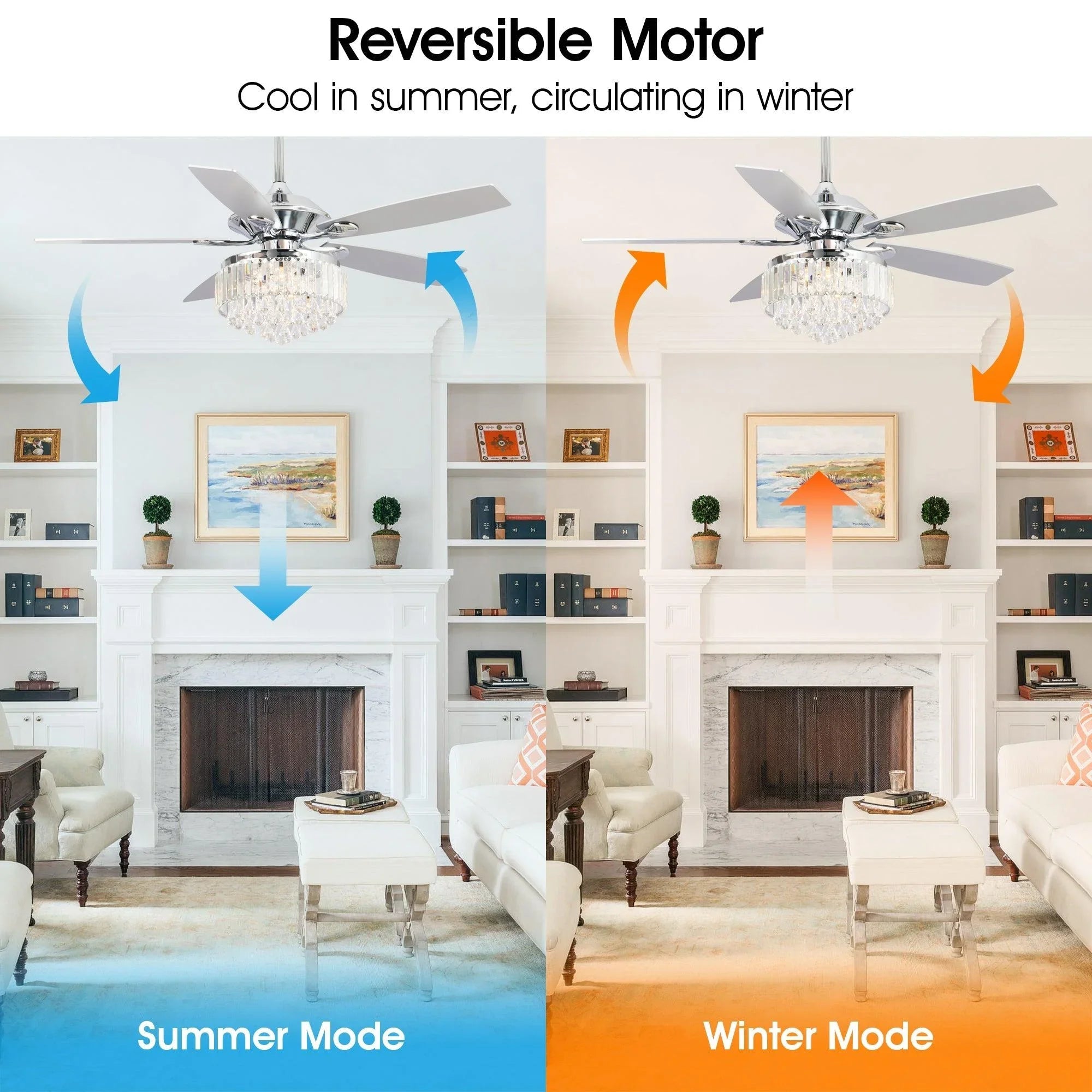 Reversible ceiling fan chandelier with chrome housing and clear crystal glass shade