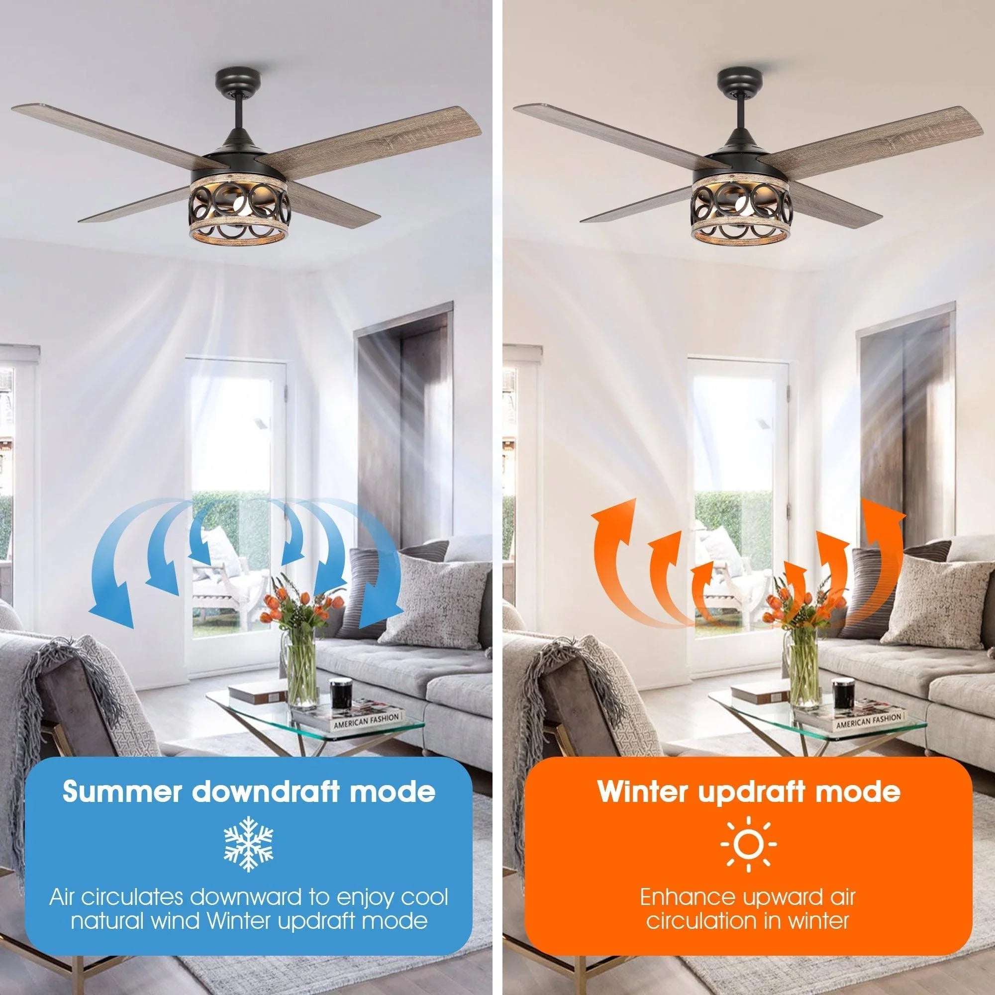 Black ceiling fan with 5 reversible blades and decorative light fixture.