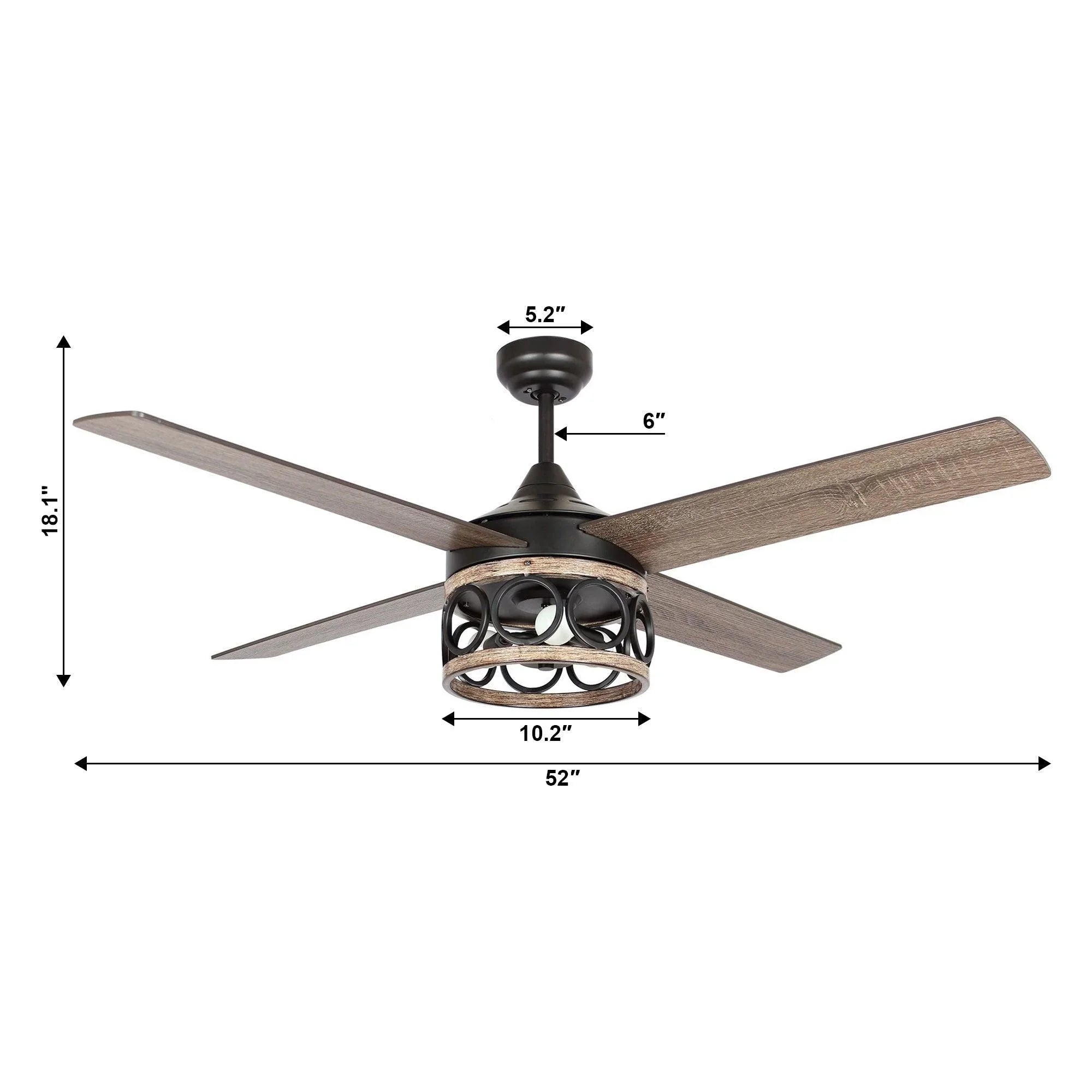Black 52-inch ceiling fan with reversible blades and integrated light kit.
