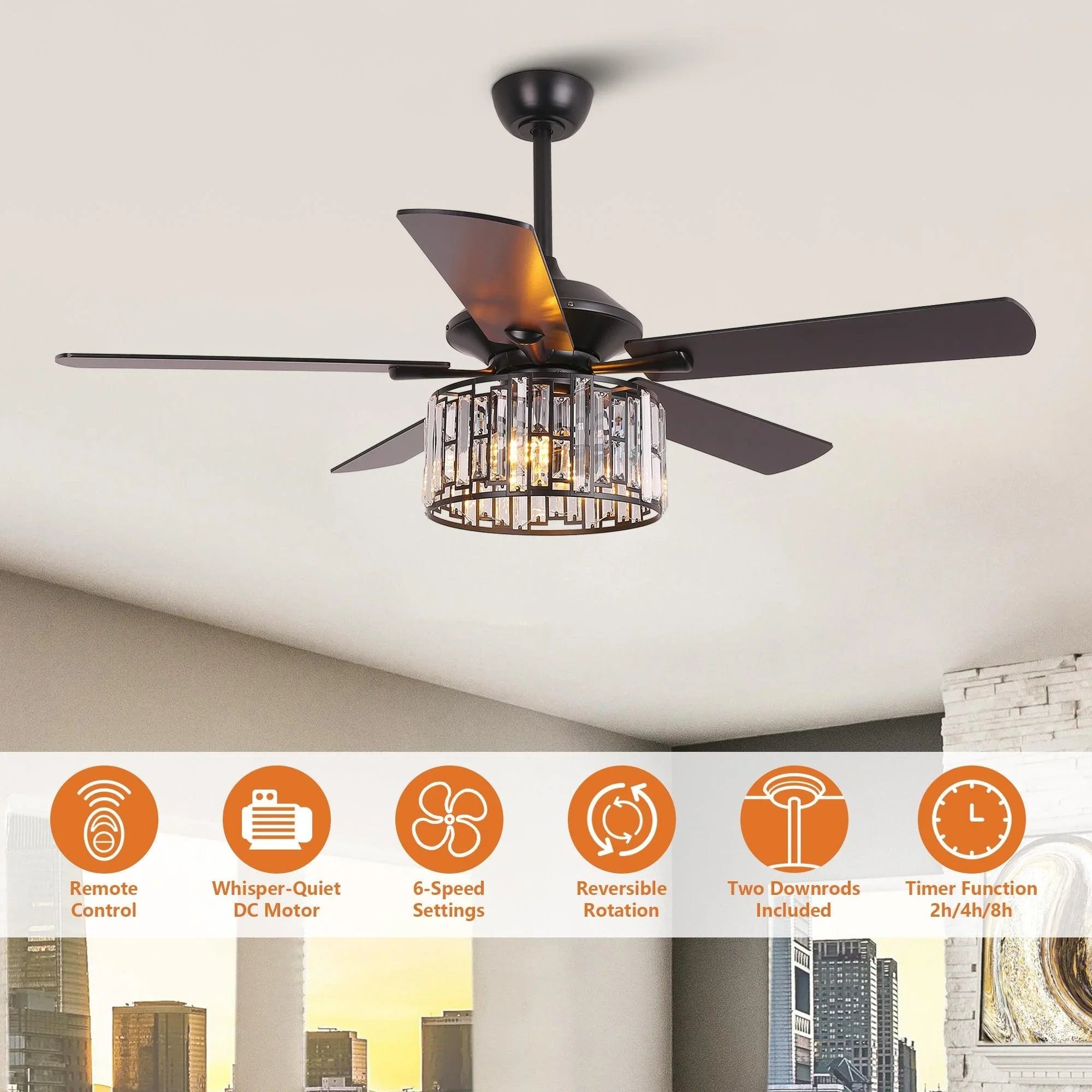 Ceiling fan with crystal glass light fixture and four blades, black finish