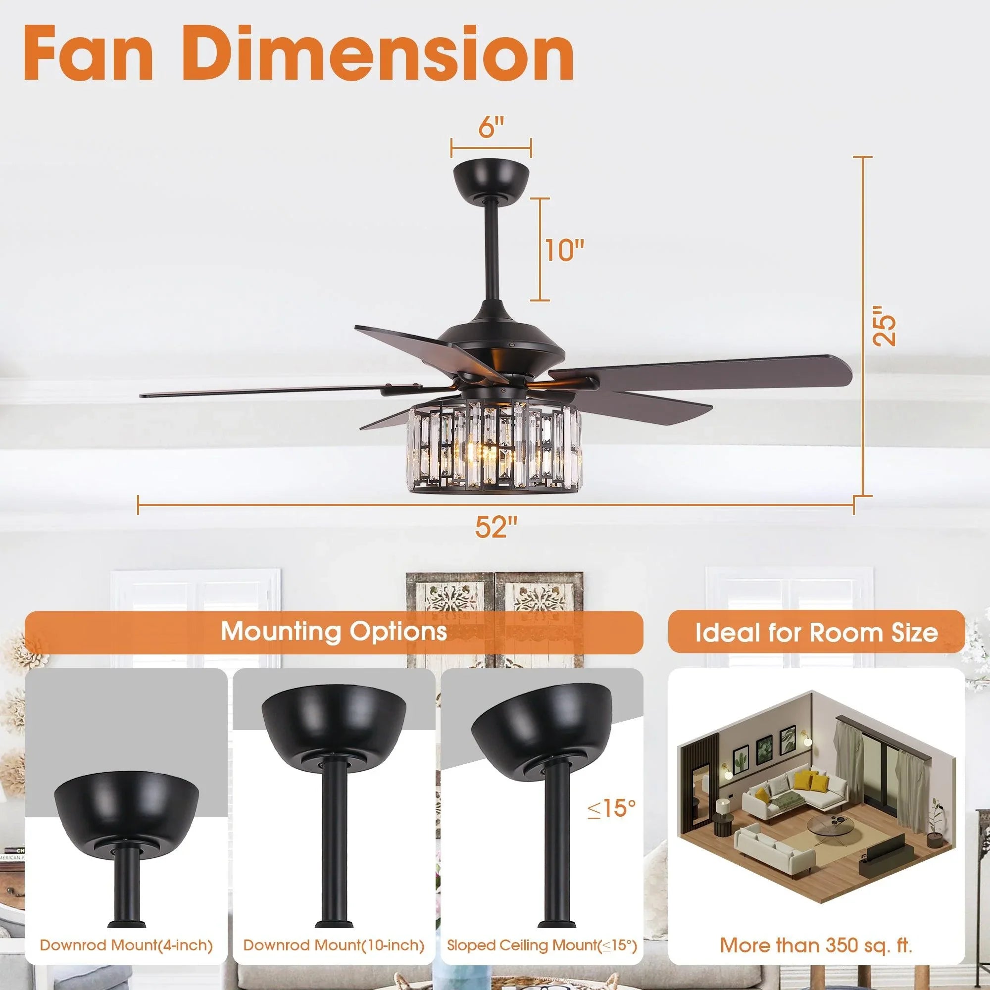 Ceiling fan with crystal light and black blades, size and mounting diagram