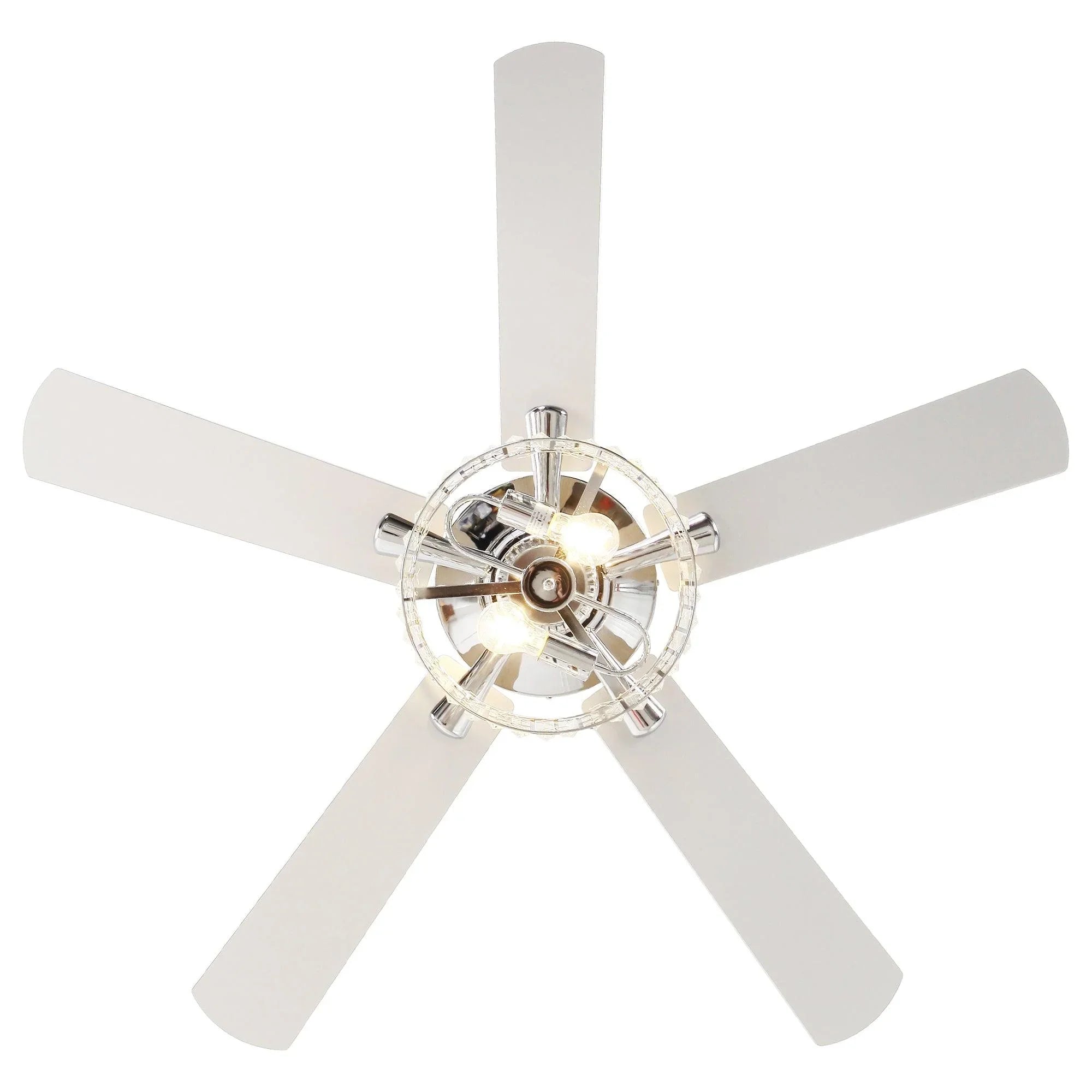 Ceiling fan with four white blades and round crystal light fixture, polished metal frame.