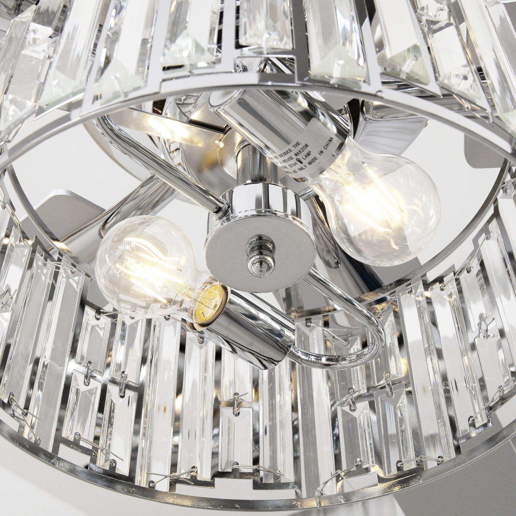 Chrome crystal ceiling fan light with glass bulbs and decorative metal cage frame