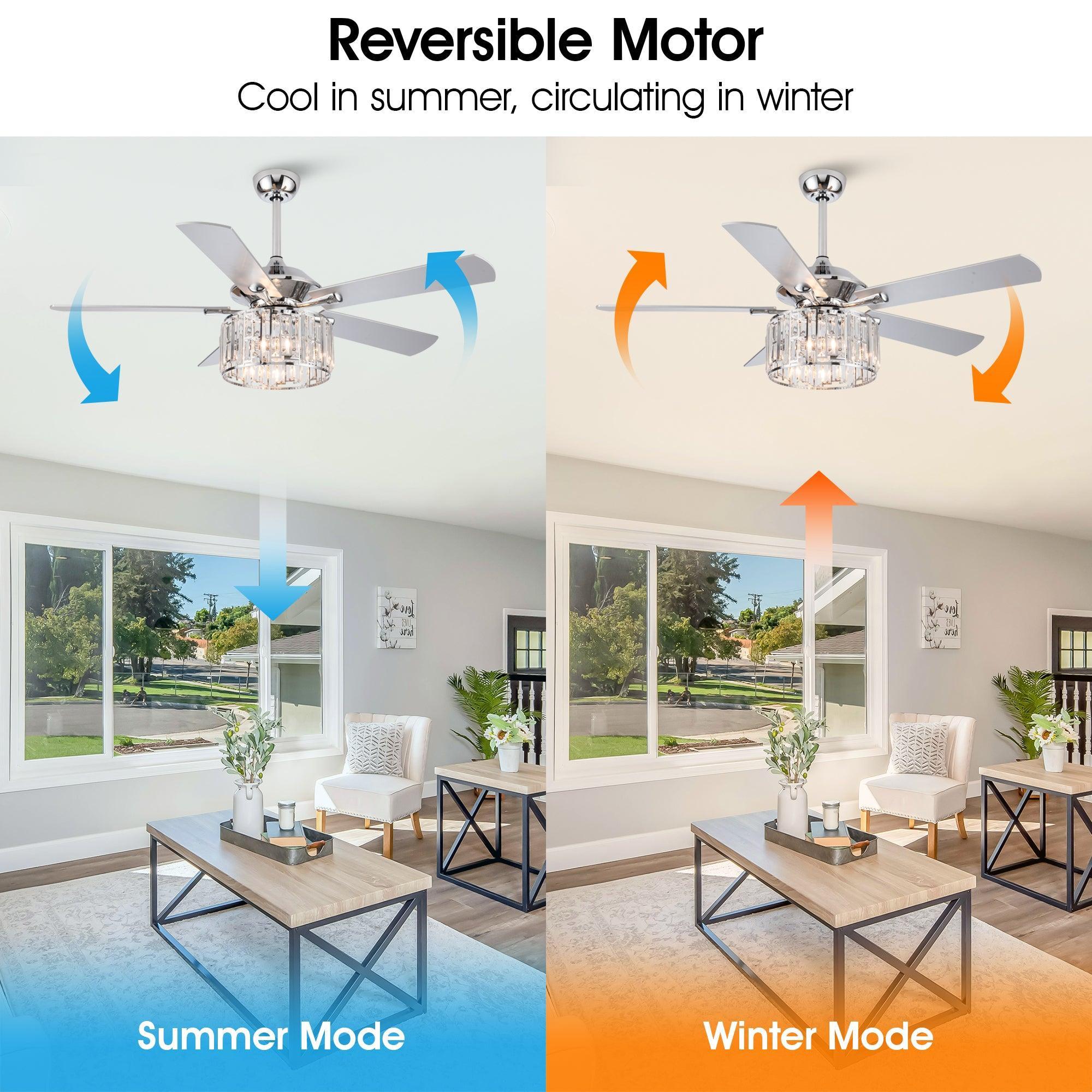 Chrome ceiling fan with crystal glass light and four blades, reversible motor design