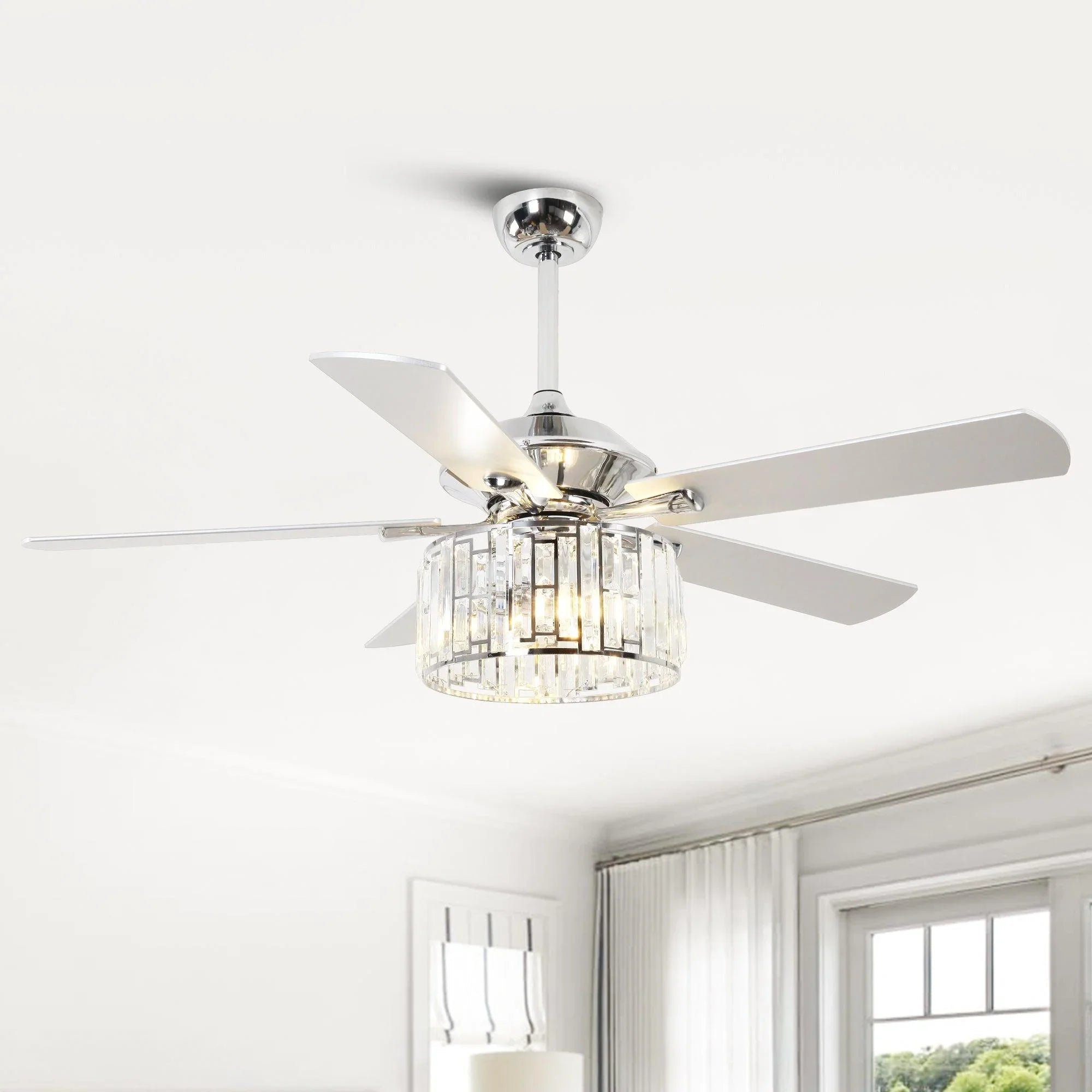 Crystal ceiling fan with 4 white blades and chrome motor cap with glass light