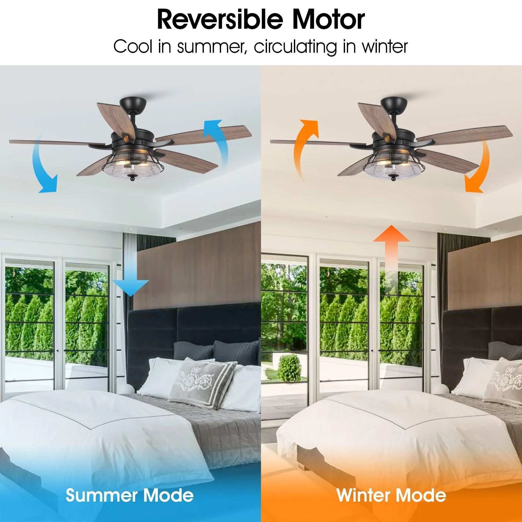Reversible ceiling fan with black motor housing, four wood-style blades, and light.