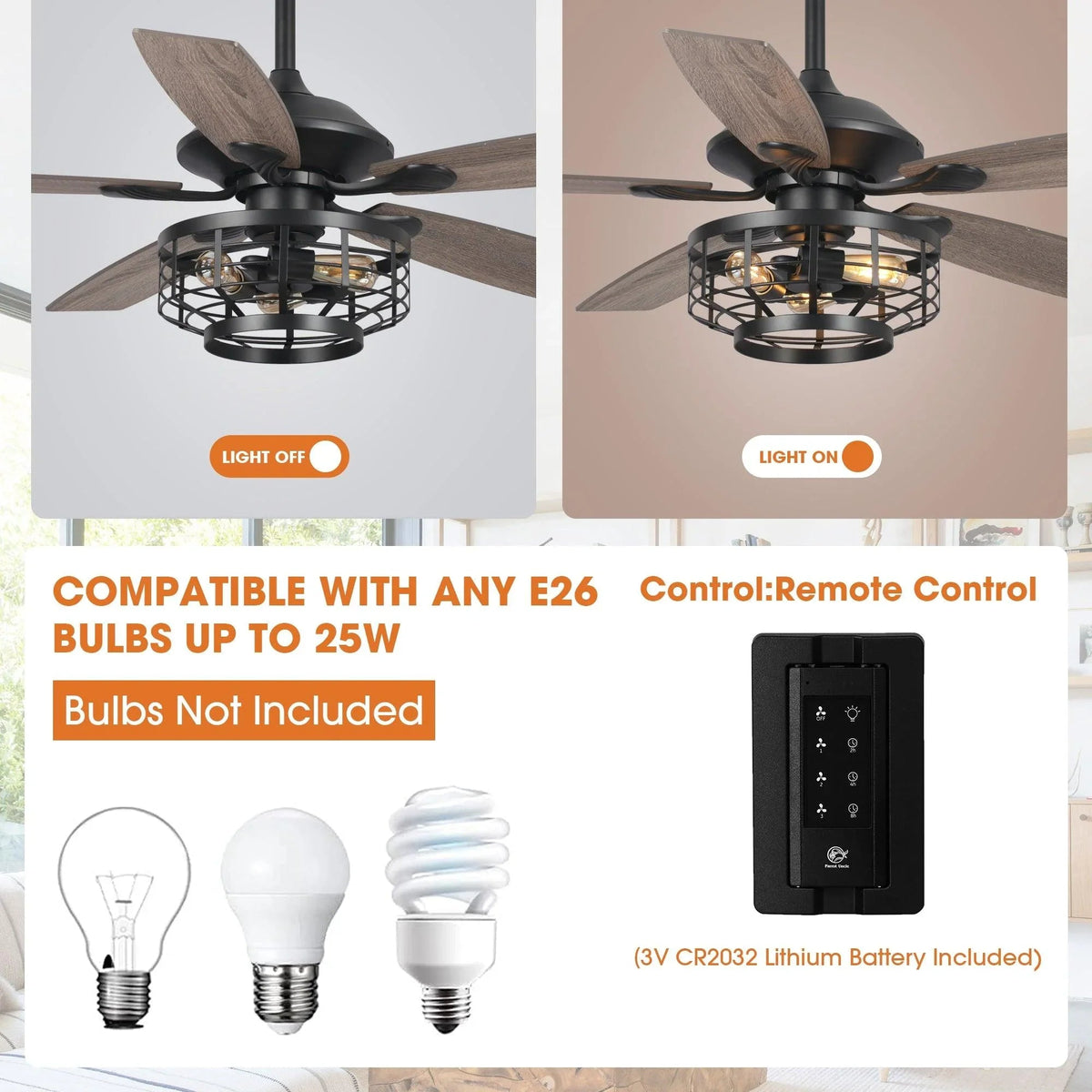 Black ceiling fan light kit with remote control and reversible wooden blades