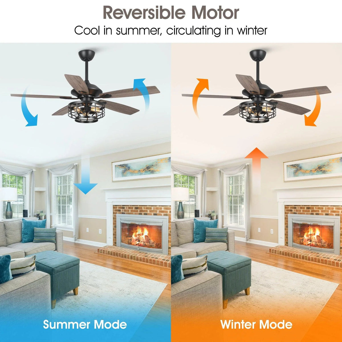 Reversible ceiling fan with light cage for summer and winter airflow