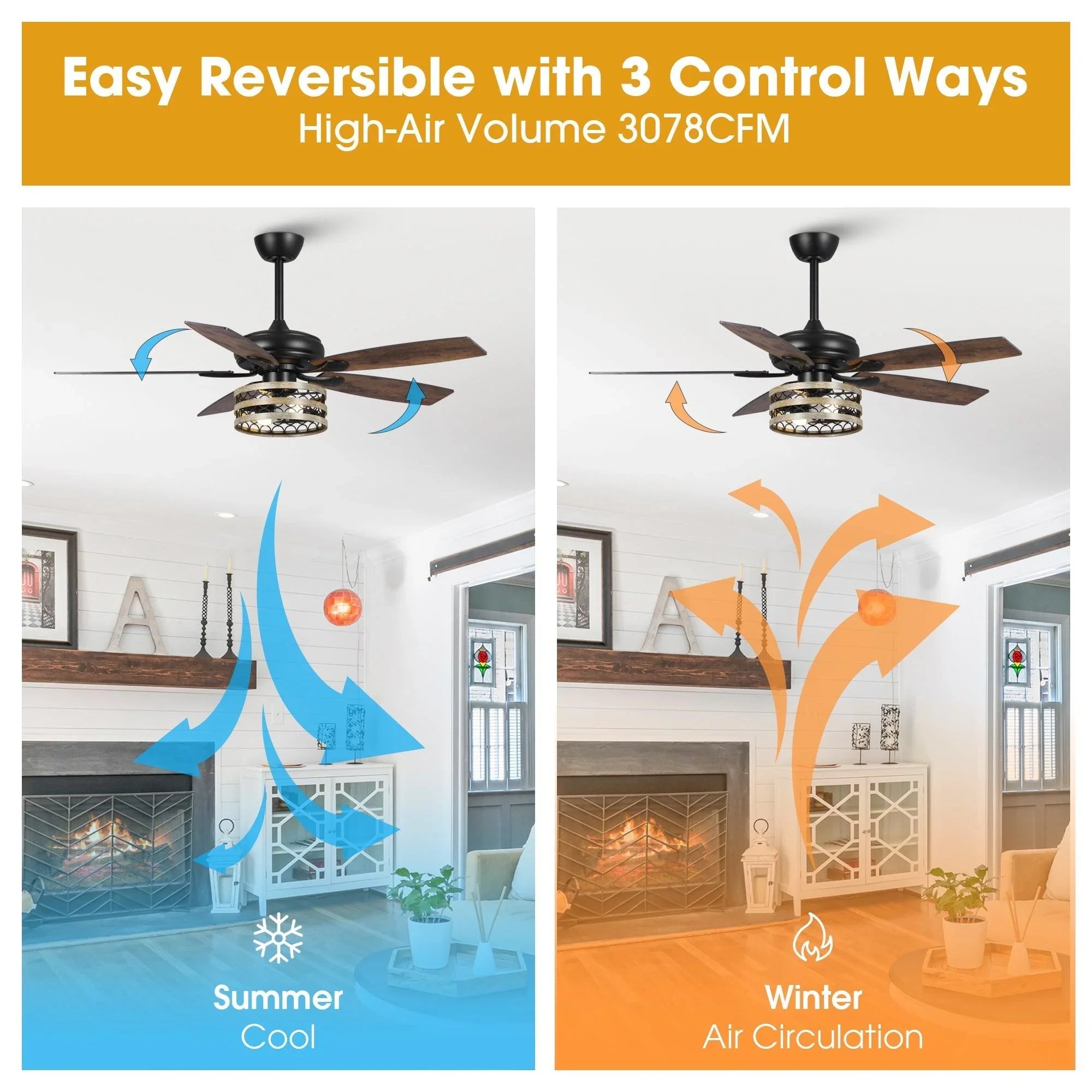 Black ceiling fan with light kit and reversible blades for summer cooling and winter airflow