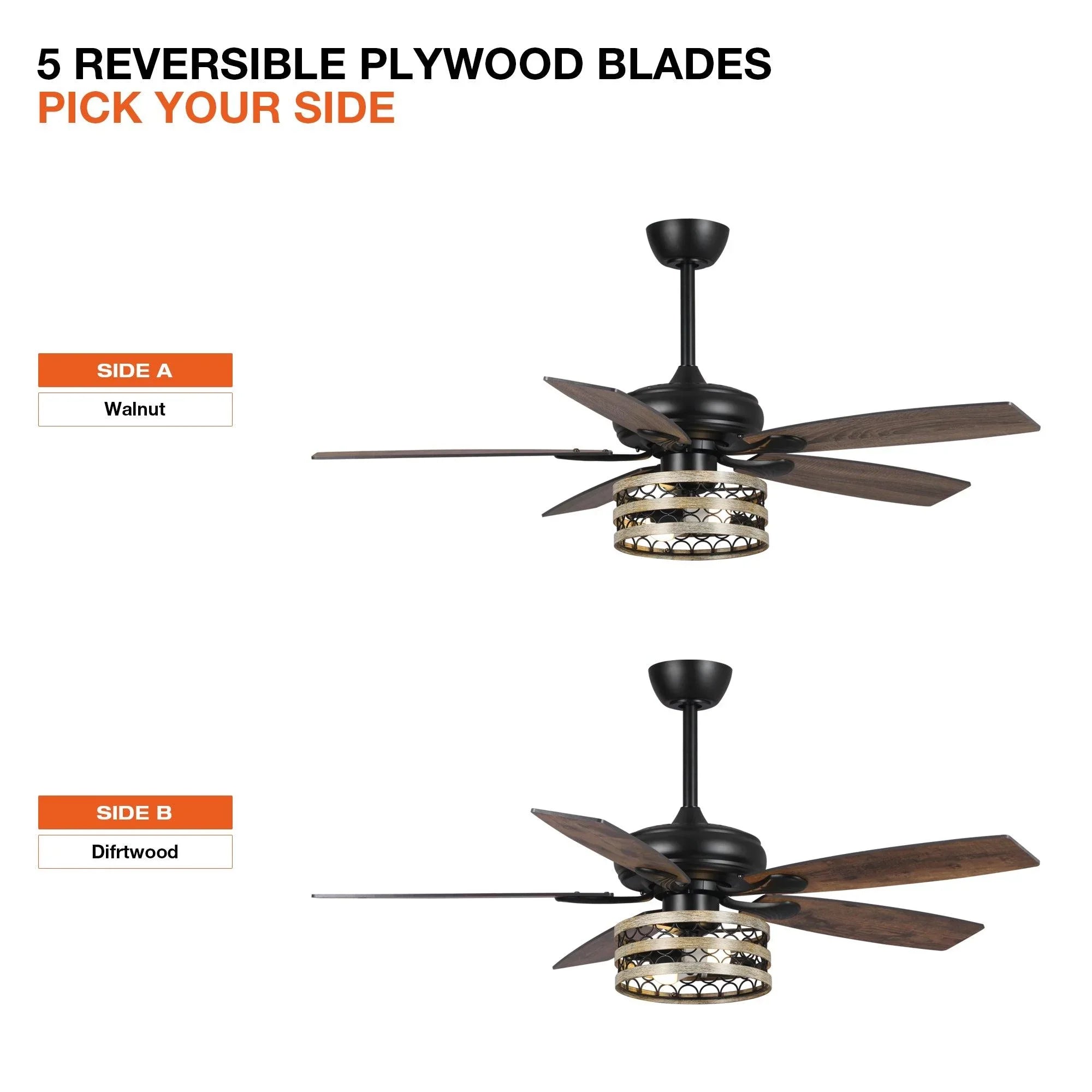 Black smart ceiling fan with light kit and reversible plywood blades, two blade colors