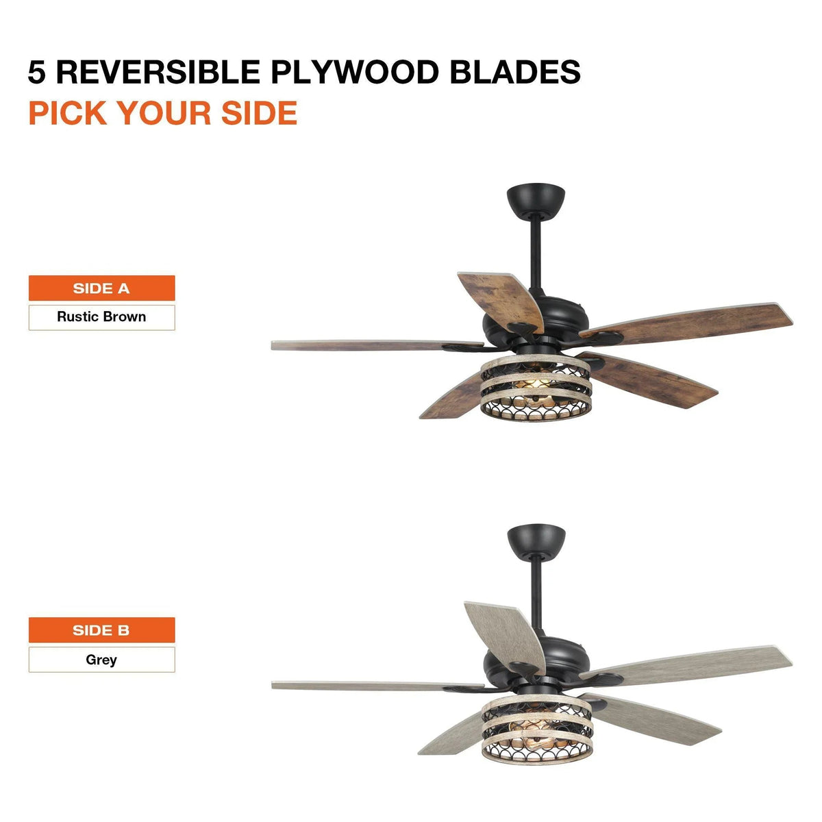 Parrot Uncle black reversible ceiling fan with light kit, rustic brown and gray blade sides