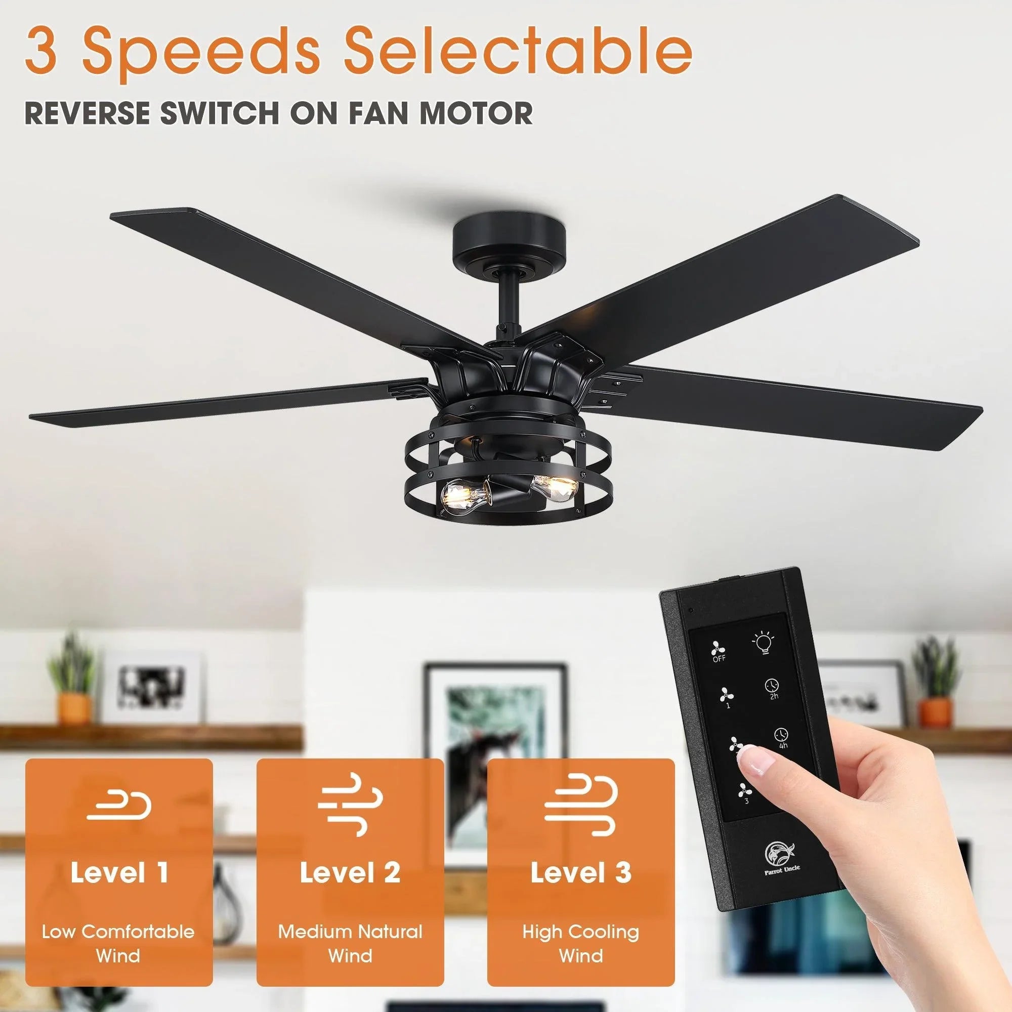 Industrial ceiling fan with light, black blades, and handheld remote control